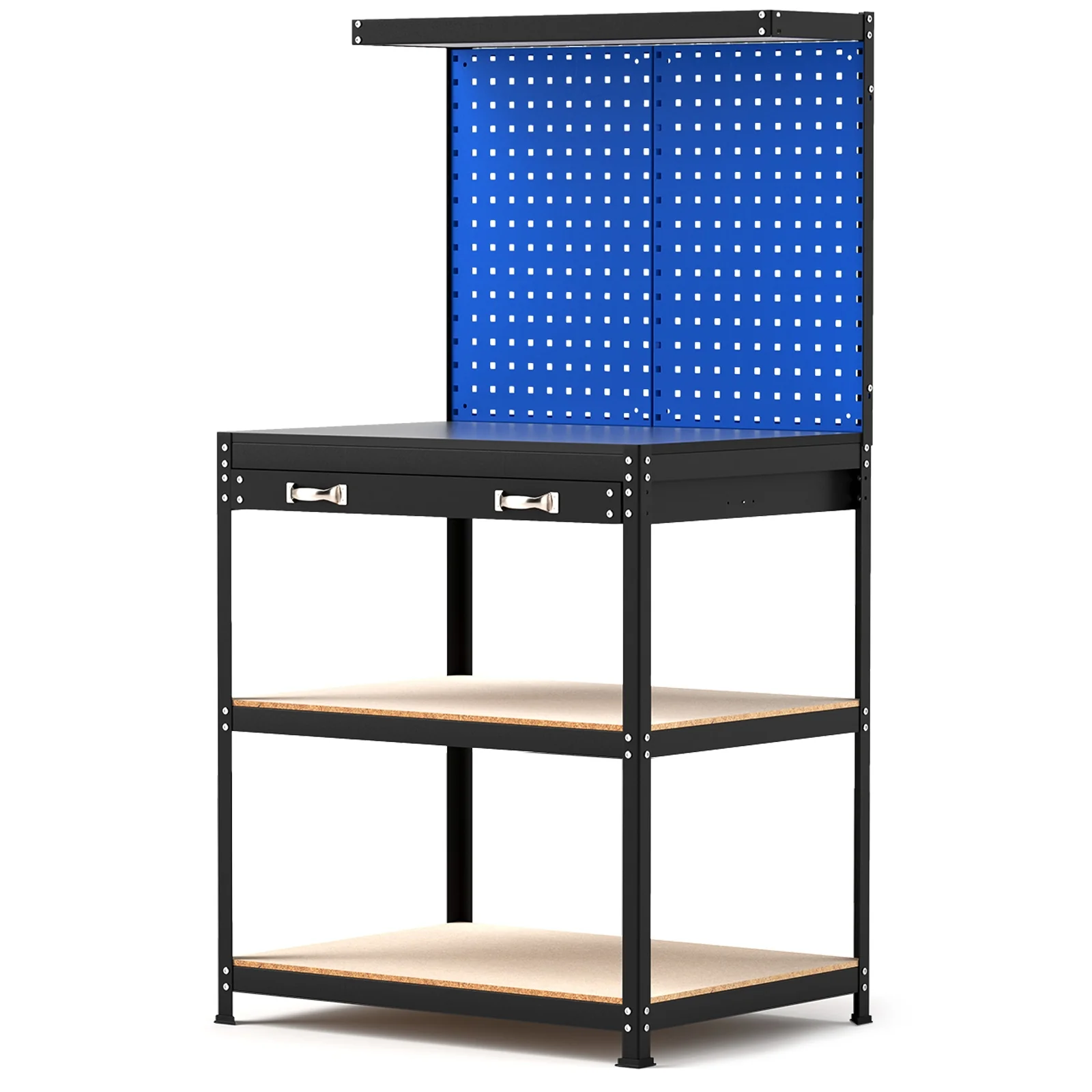 32 x 16 Inch Workbench With Pegboard Drawer, Shelves, Navy - Image 5