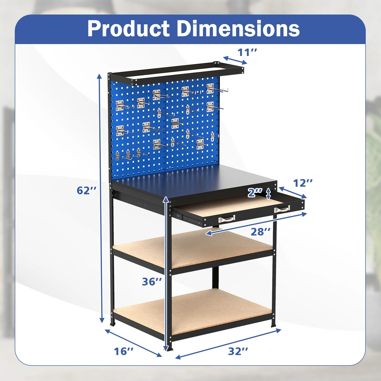 32 x 16 Inch Workbench With Pegboard Drawer, Shelves, Navy - Image 6