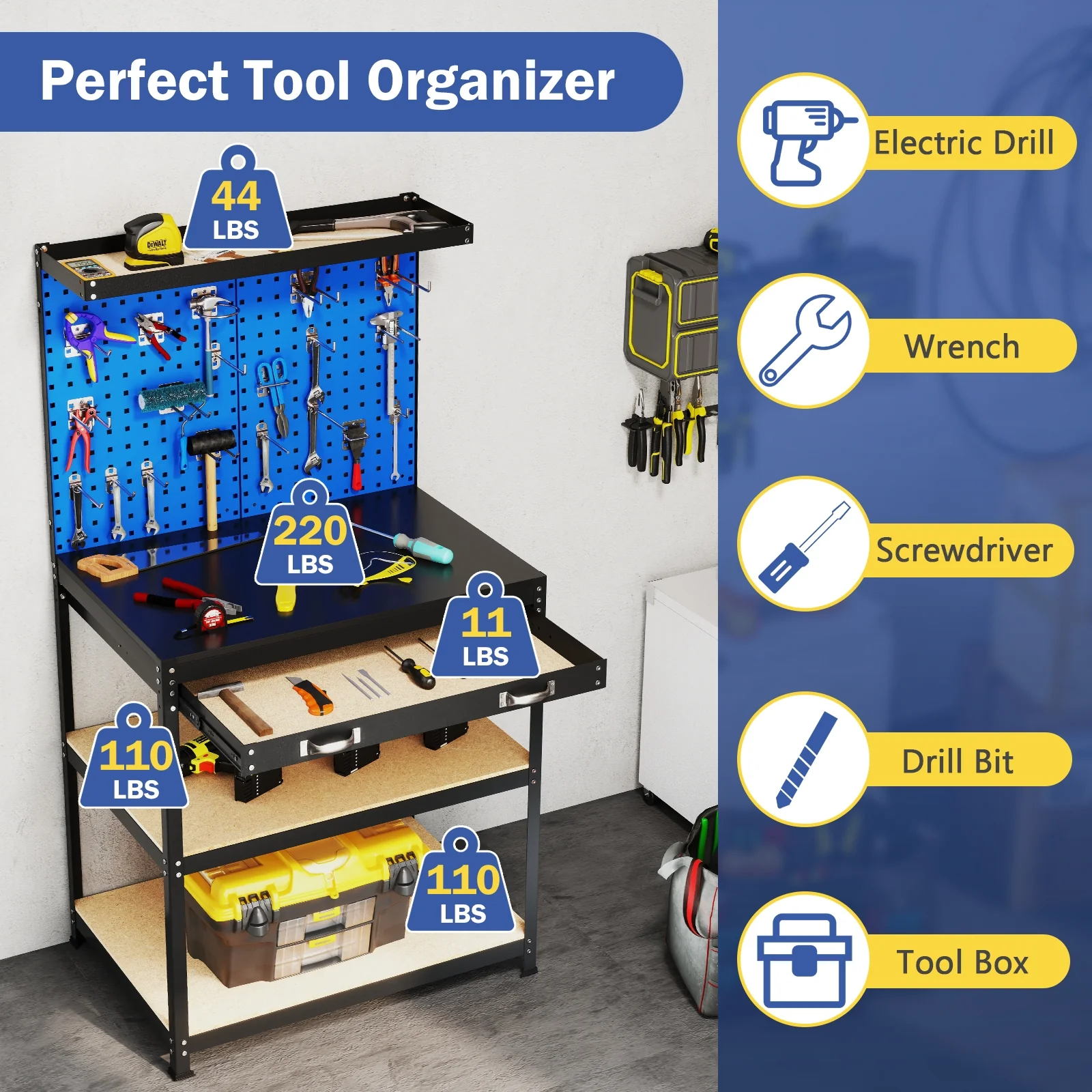 32 x 16 Inch Workbench With Pegboard Drawer, Shelves, Navy - Image 7