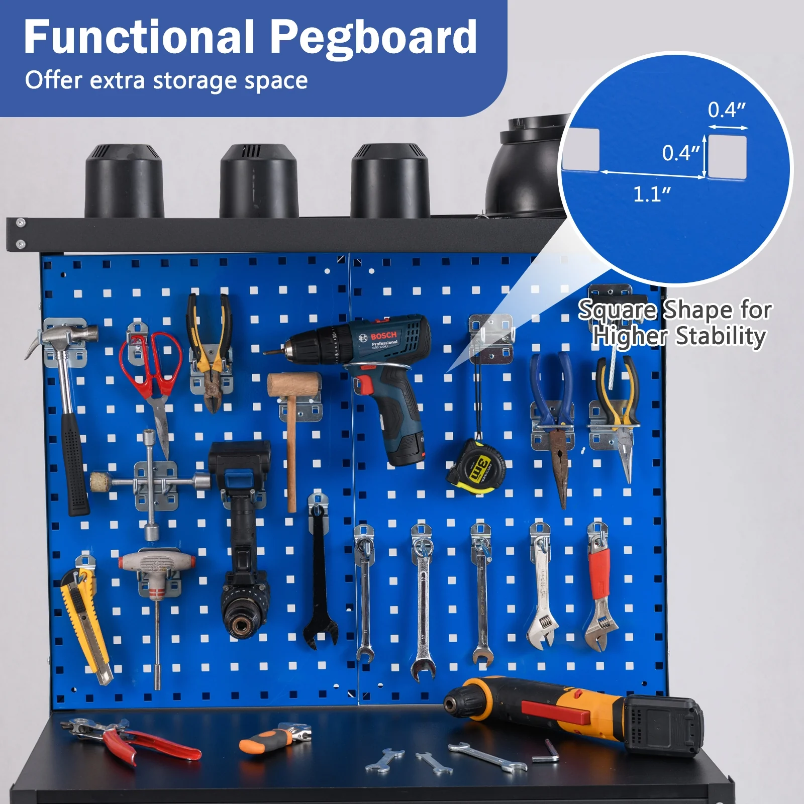 32 x 16 Inch Workbench With Pegboard Drawer, Shelves, Navy - Image 8