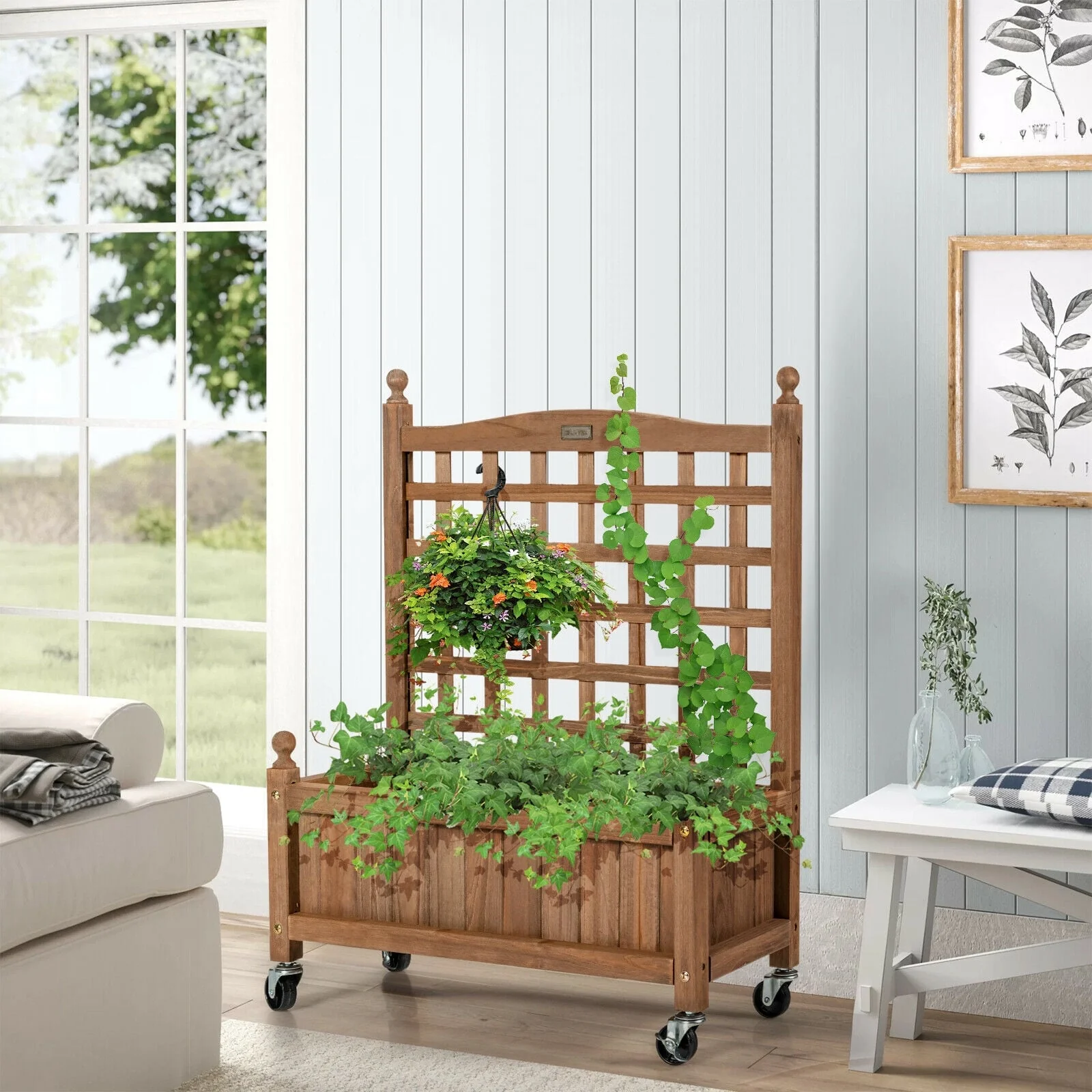 32in Wood Planter Box With Trellis, Raised Bed, Brown - Image 2