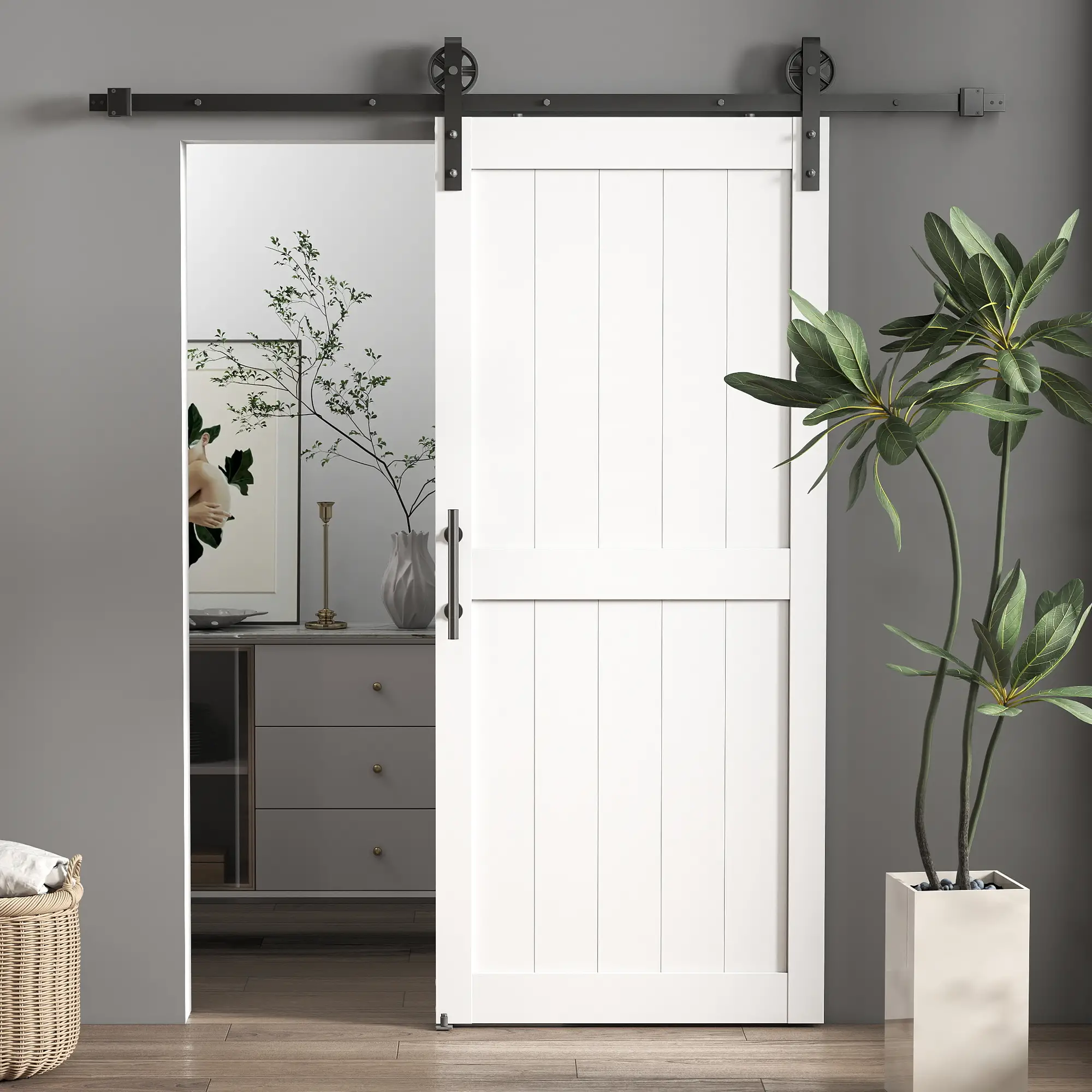 32inx84in Barn Door, Sliding Hardware Kit, Upgraded Rollers, White - Image 11