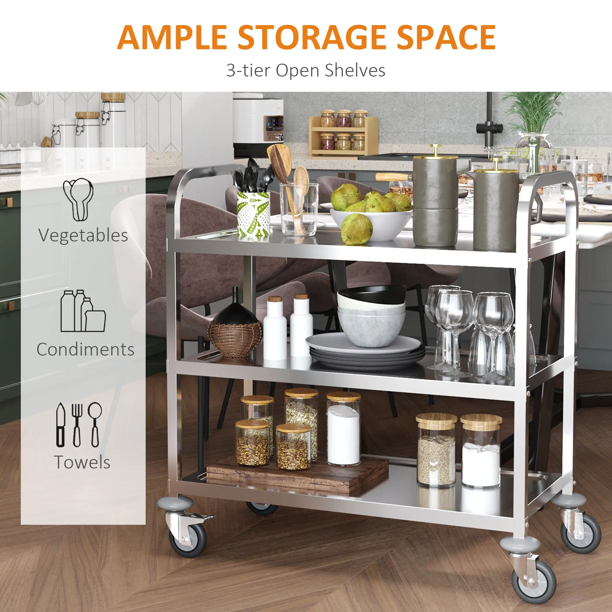 33" 3-Tier Kitchen Trolley, Stainless Steel, Wheeled Storage Cart, 330LBS - Image 4