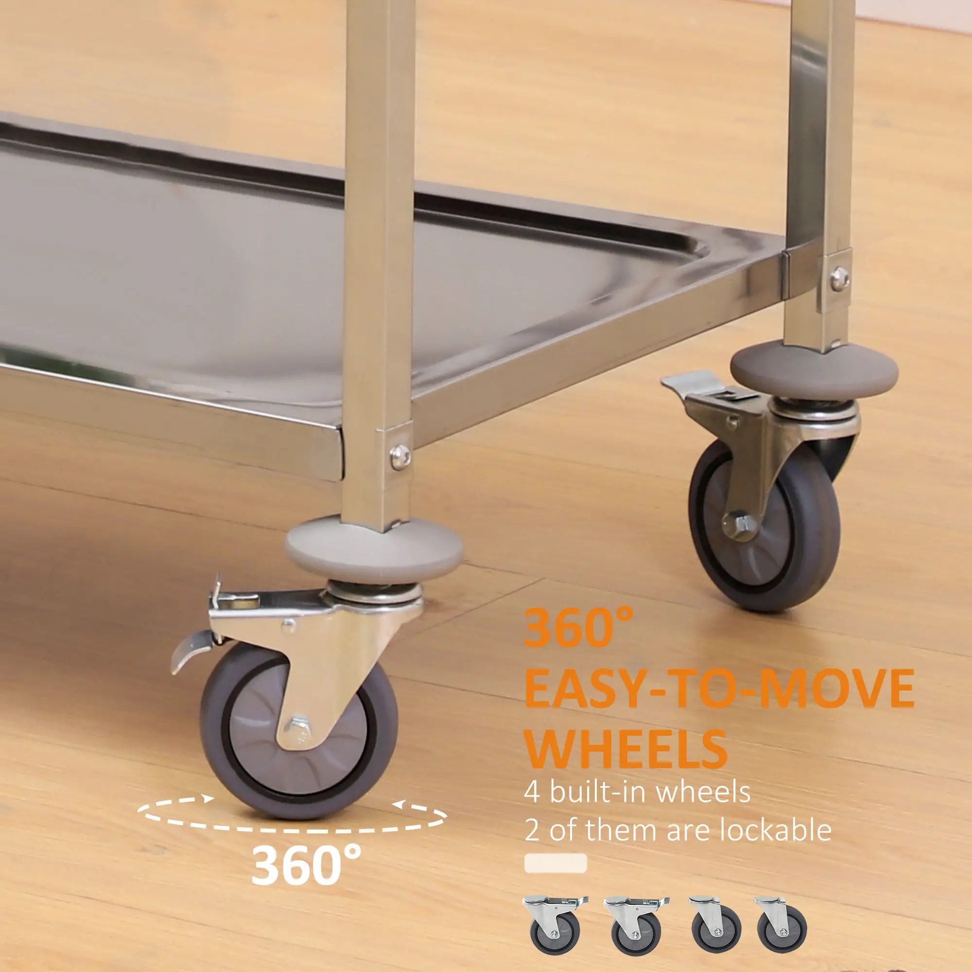 33" 3-Tier Kitchen Trolley, Stainless Steel, Wheeled Storage Cart, 330LBS - Image 5
