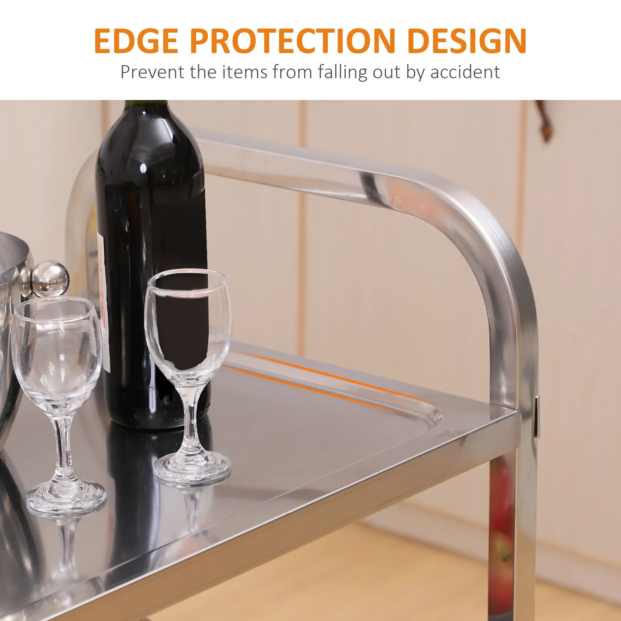 33" 3-Tier Kitchen Trolley, Stainless Steel, Wheeled Storage Cart, 330LBS - Image 6