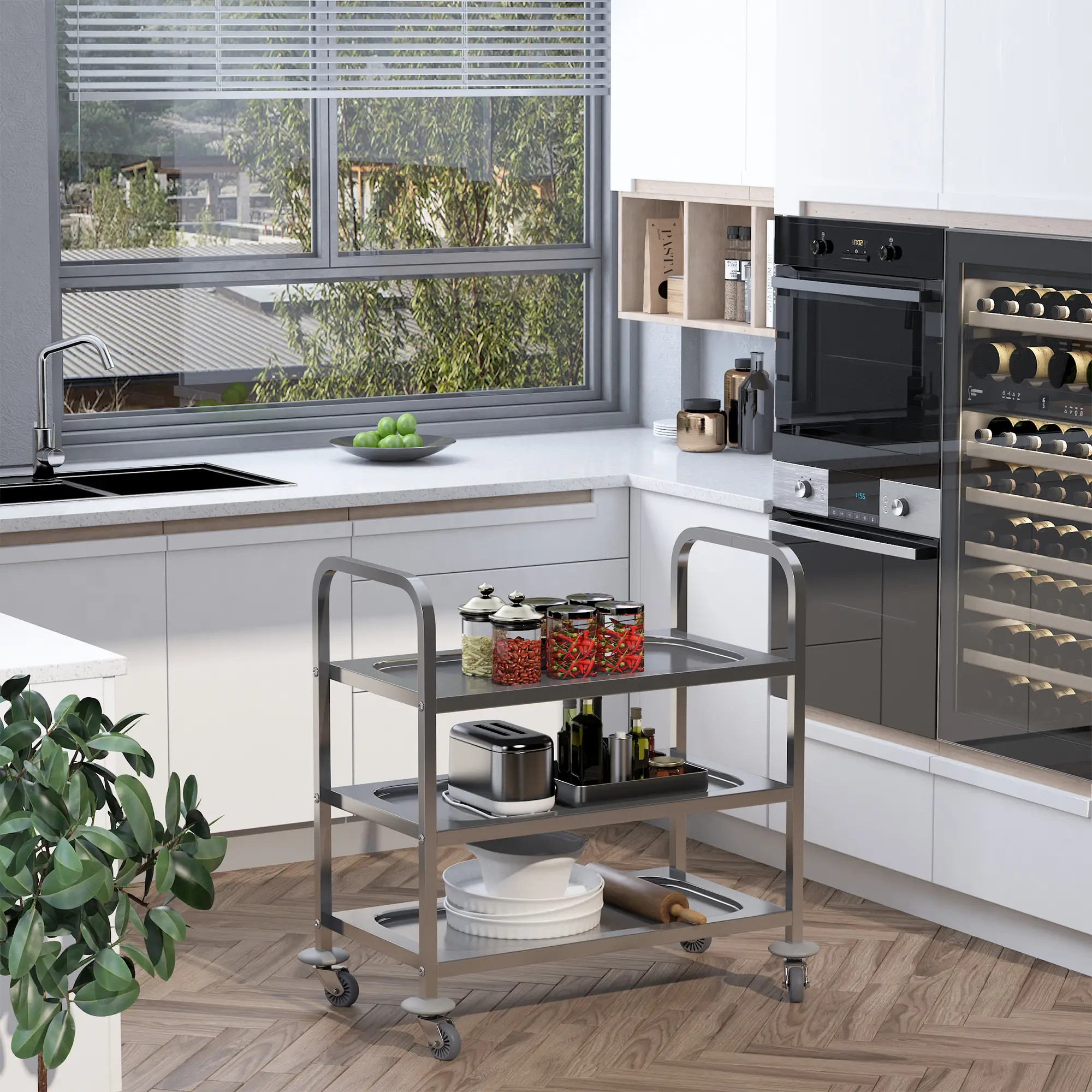 33" 3-Tier Kitchen Trolley, Stainless Steel, Wheeled Storage Cart, 330LBS - Image 8