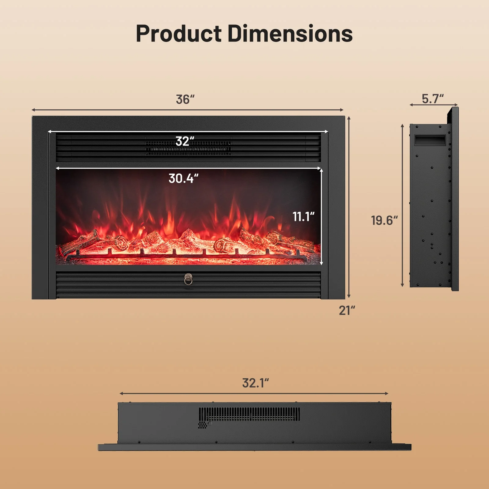33/36-Inch Electric Fireplace Insert, 750W/1500W Heater, Black - Image 5