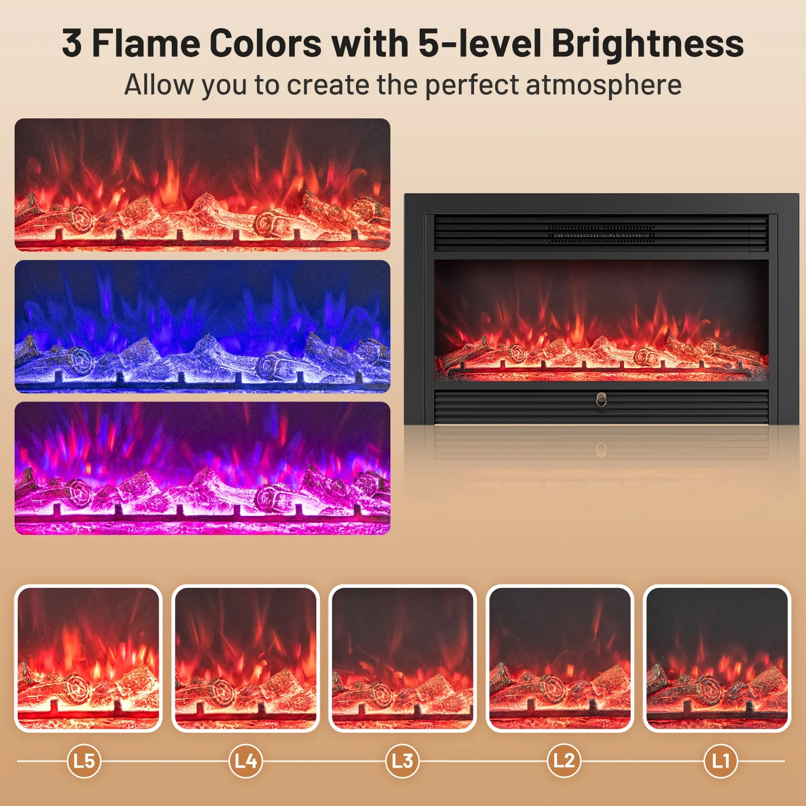 33/36-Inch Electric Fireplace Insert, 750W/1500W Heater, Black - Image 6
