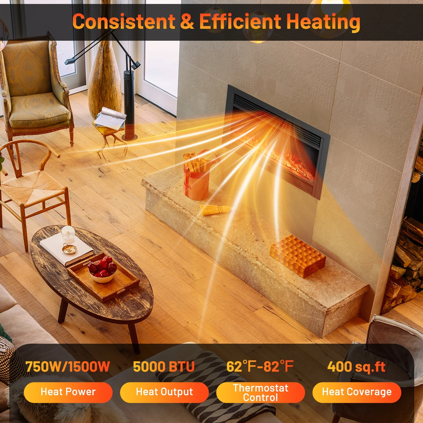 33/36-Inch Electric Fireplace Insert, 750W/1500W Heater, Black - Image 7
