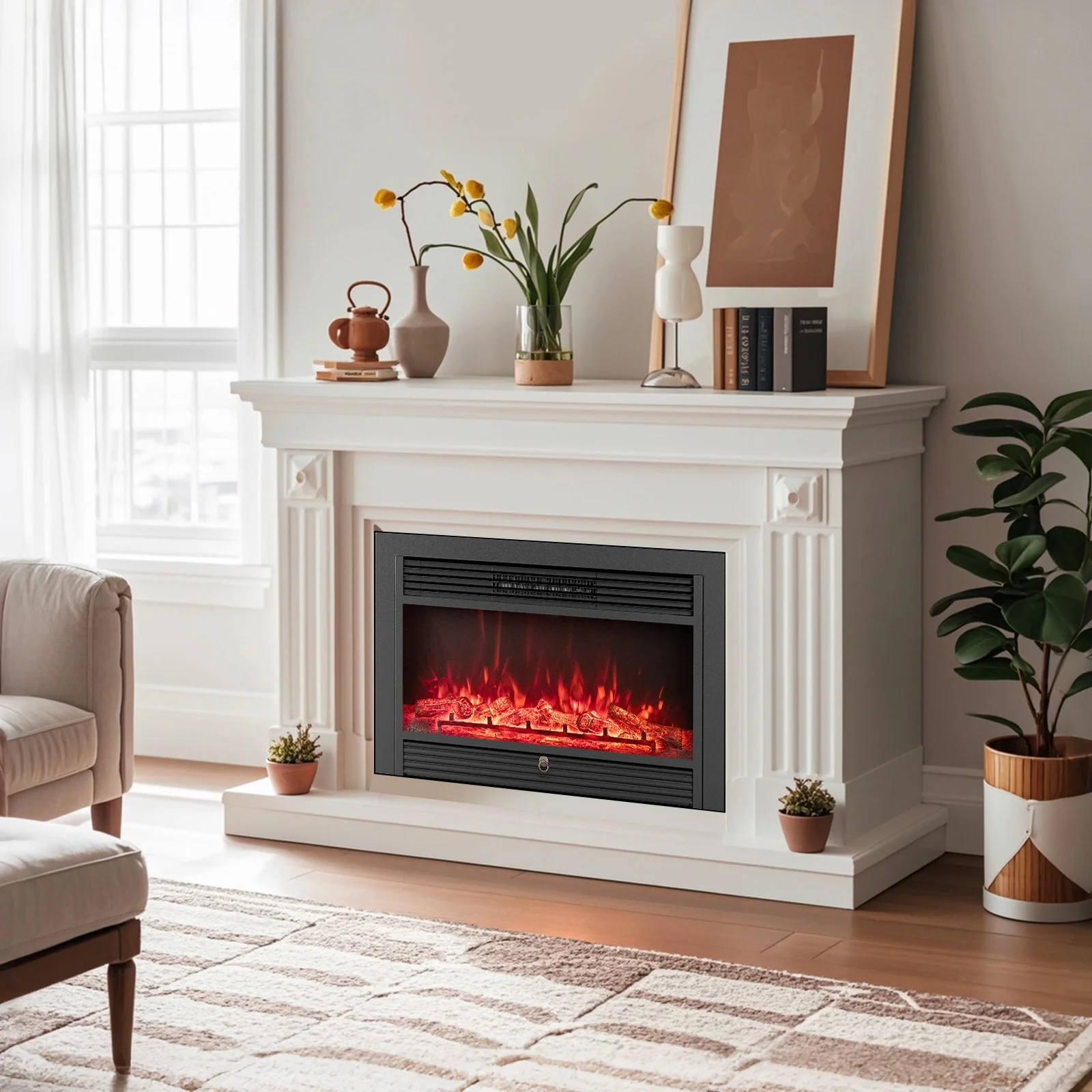 33/36-Inch Electric Fireplace Insert, 750W/1500W, Recessed Heater, Black - Image 2