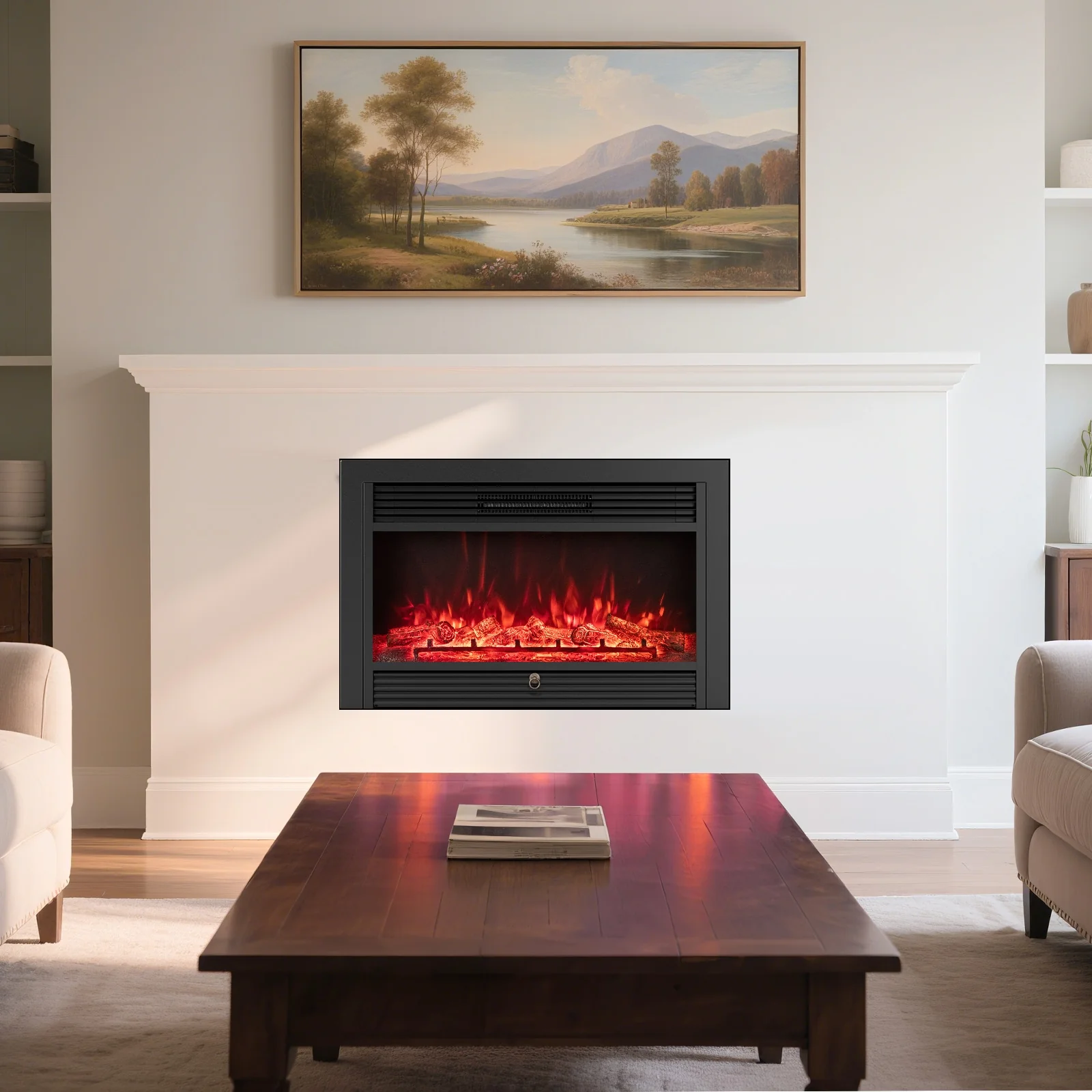 33/36-Inch Electric Fireplace Insert, 750W/1500W, Recessed Heater, Black - Image 3