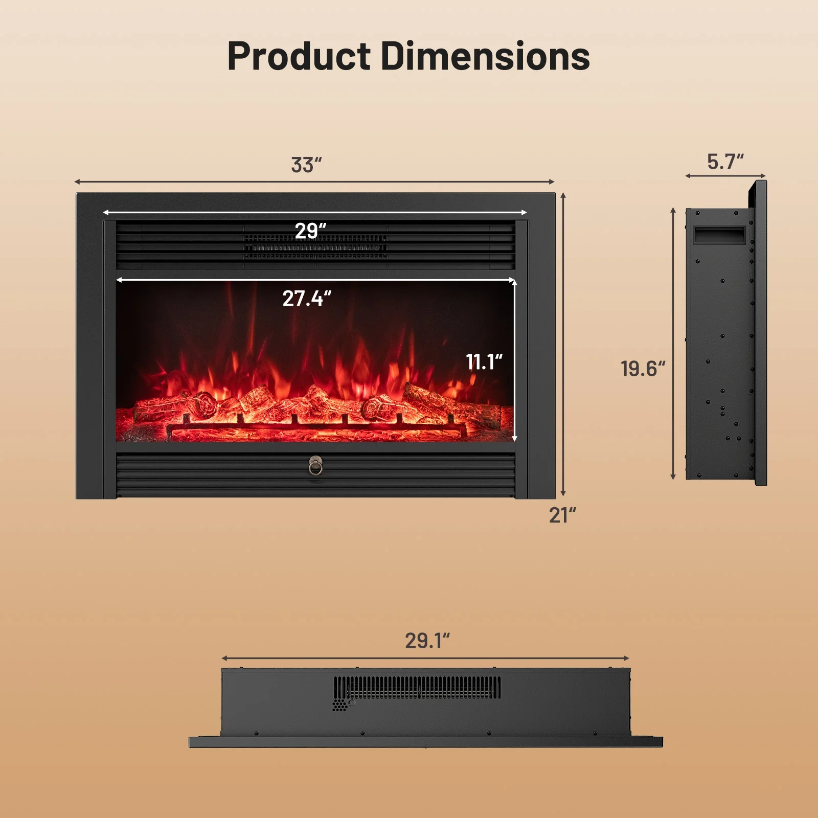 33/36-Inch Electric Fireplace Insert, 750W/1500W, Recessed Heater, Black - Image 5