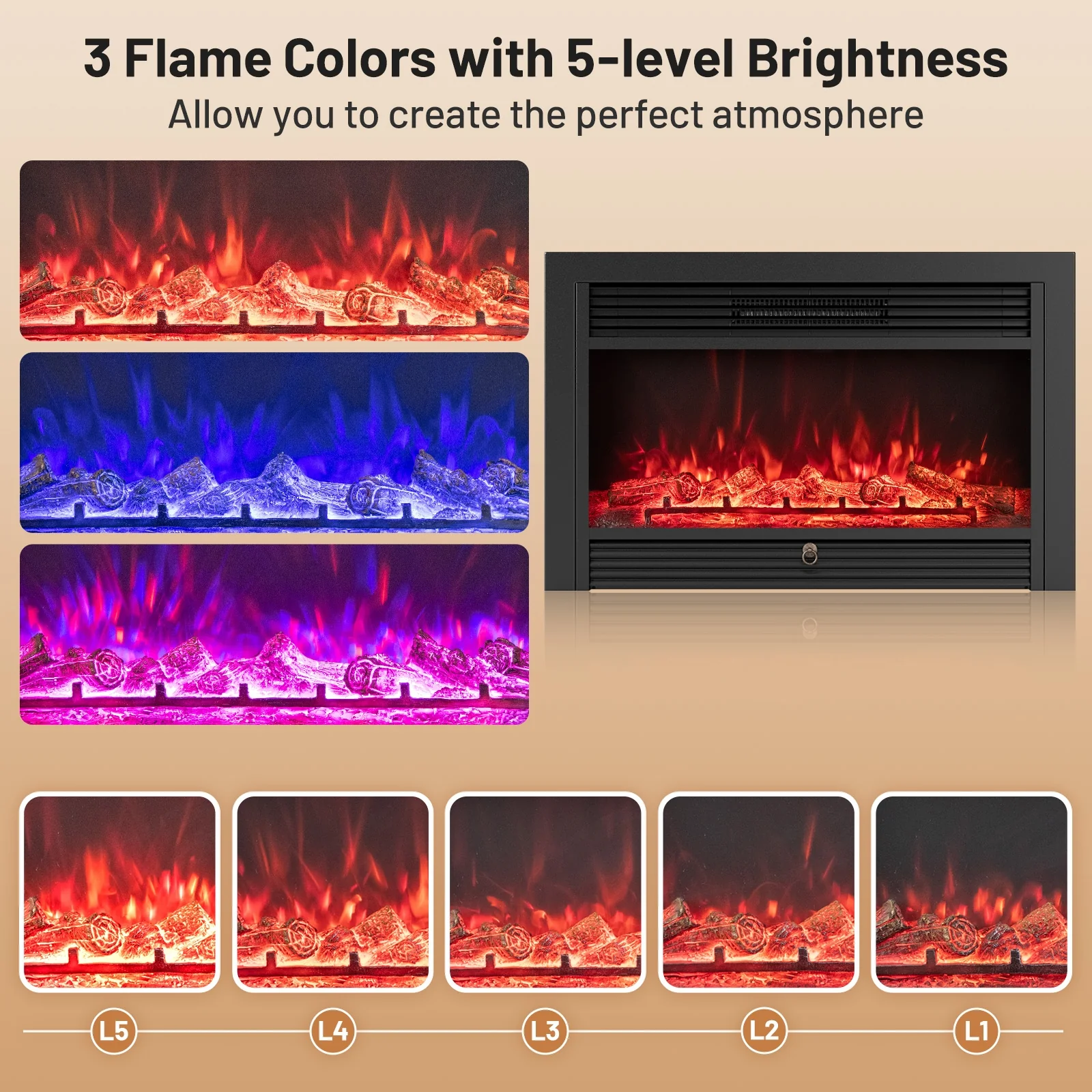 33/36-Inch Electric Fireplace Insert, 750W/1500W, Recessed Heater, Black - Image 6