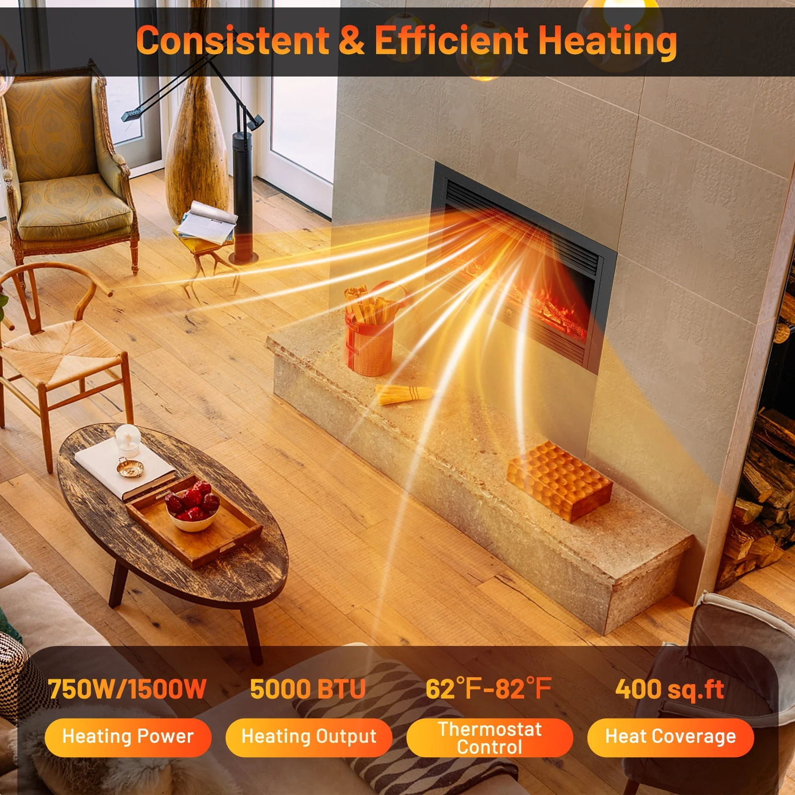 33/36-Inch Electric Fireplace Insert, 750W/1500W, Recessed Heater, Black - Image 7