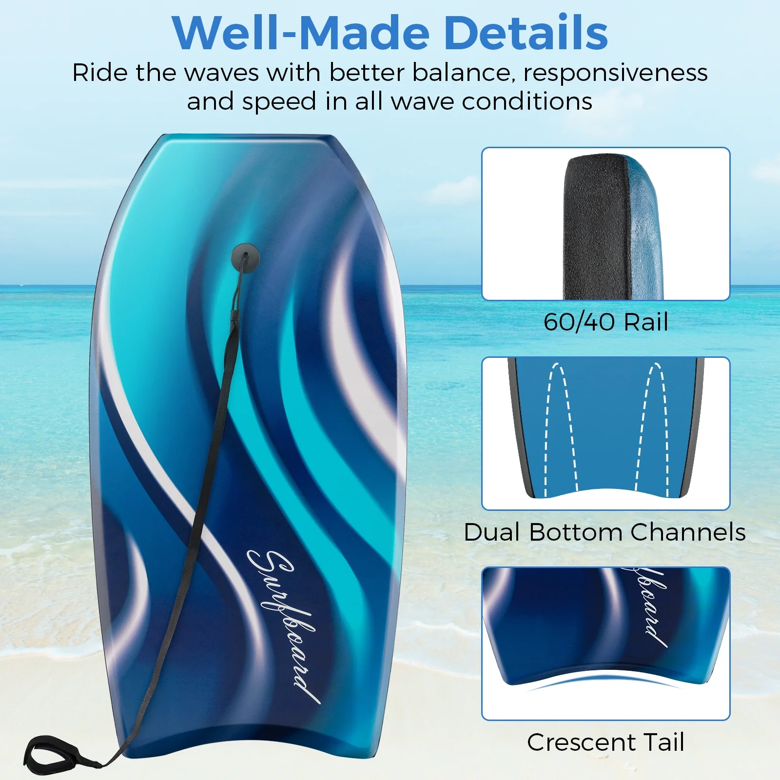 33/37/41 Inch Lightweight Body Board, EPS Core XPE Deck HDPE Bottom, Blue - Image 10