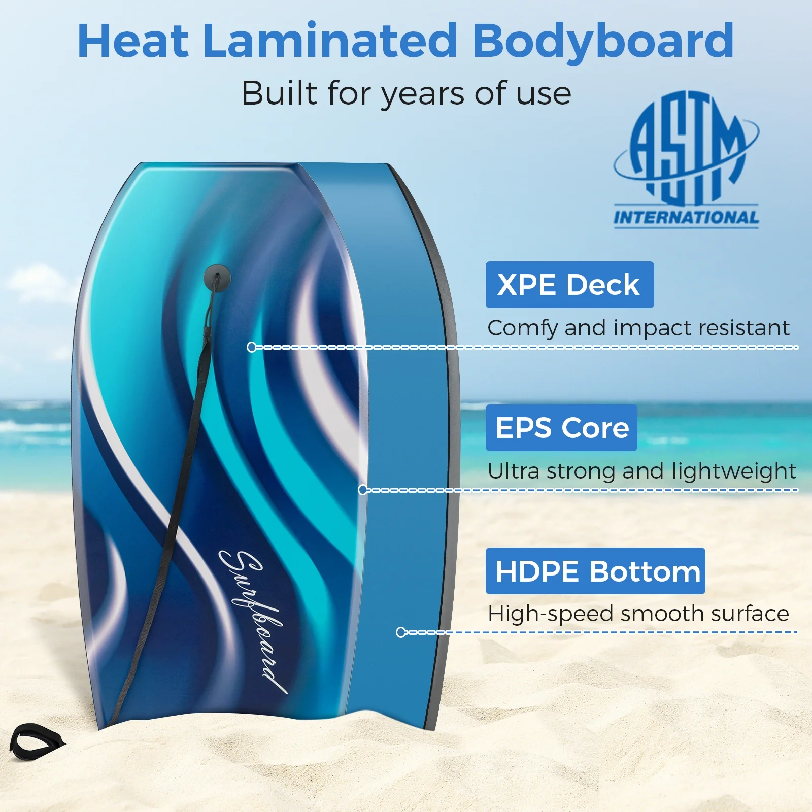 33/37/41 Inch Lightweight Body Board, EPS Core XPE Deck HDPE Bottom, Blue - Image 8