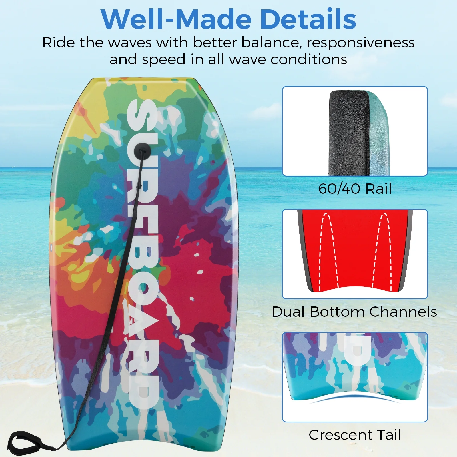 33/37/41 Inch Lightweight Body Board, EPS Core XPE Deck HDPE Bottom, Multicolor1-S - Image 9