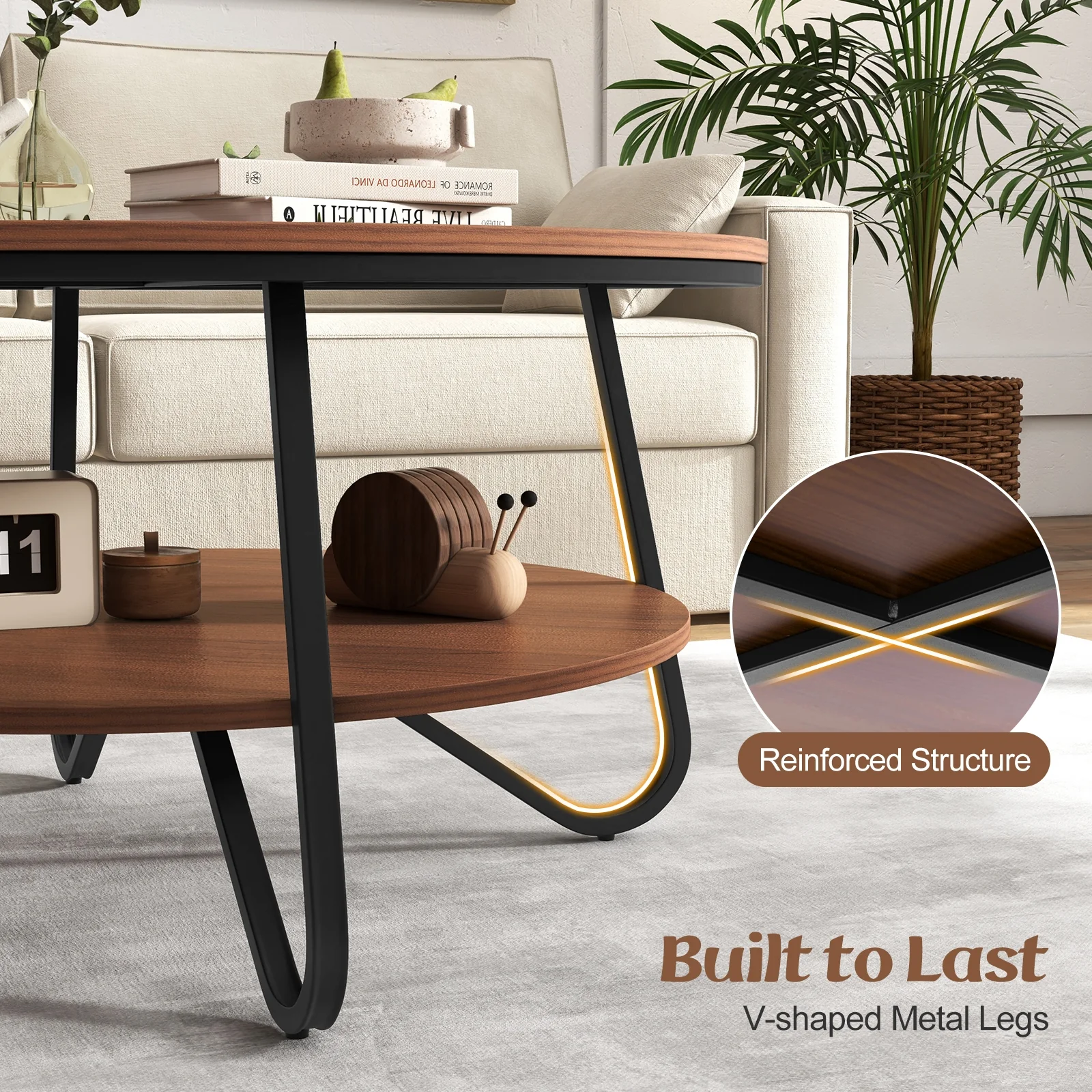 33.5 Inch Round Coffee Table, Wood Grain Finish, Heavy-Duty Metal Frame, Walnut - Image 10