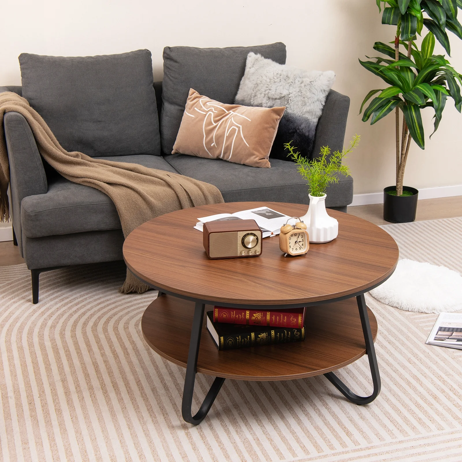 33.5 Inch Round Coffee Table, Wood Grain Finish, Heavy-Duty Metal Frame, Walnut - Image 3