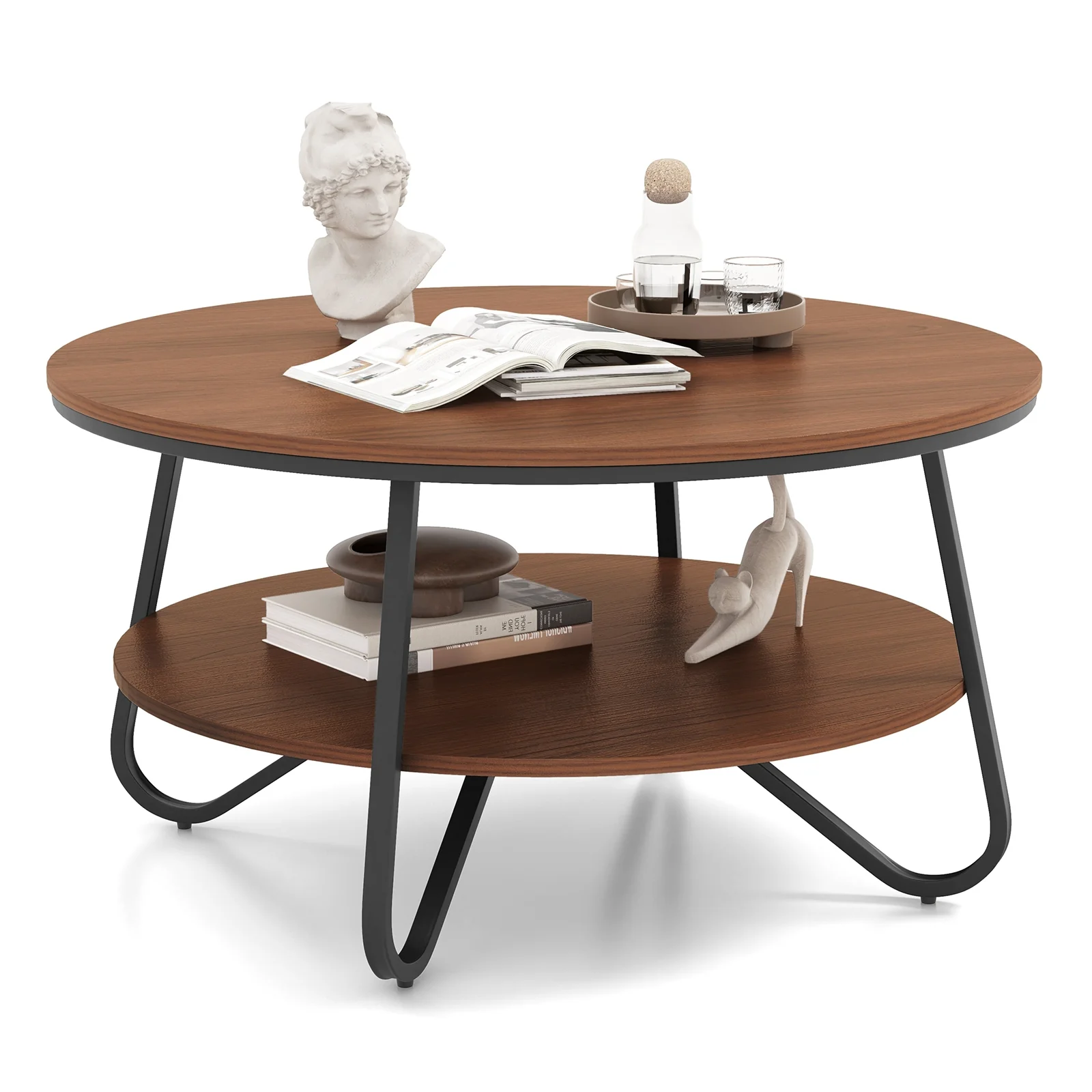33.5 Inch Round Coffee Table, Wood Grain Finish, Heavy-Duty Metal Frame, Walnut - Image 5