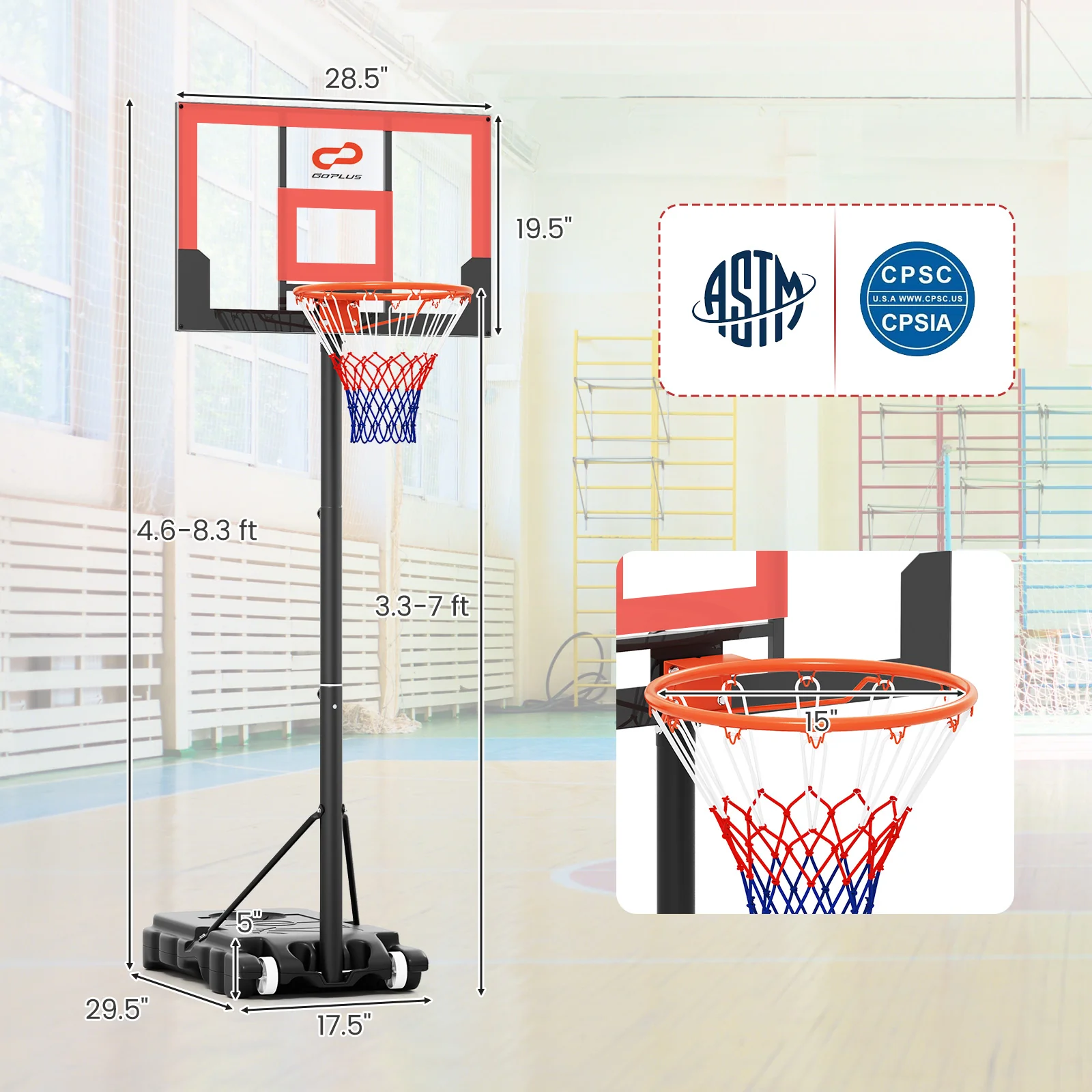 3.3-7 Feet Portable Adjustable Outdoor Kids Basketball Hoop Goal System-RE, Black & Red - Image 6
