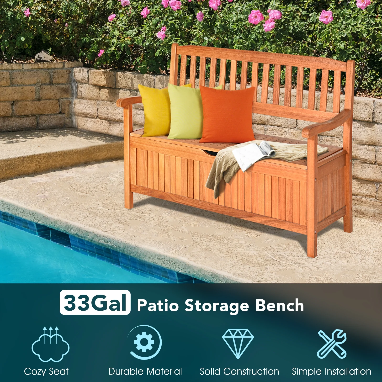 33 Gallon Wooden Storage Bench With Liner, Natural - Image 3