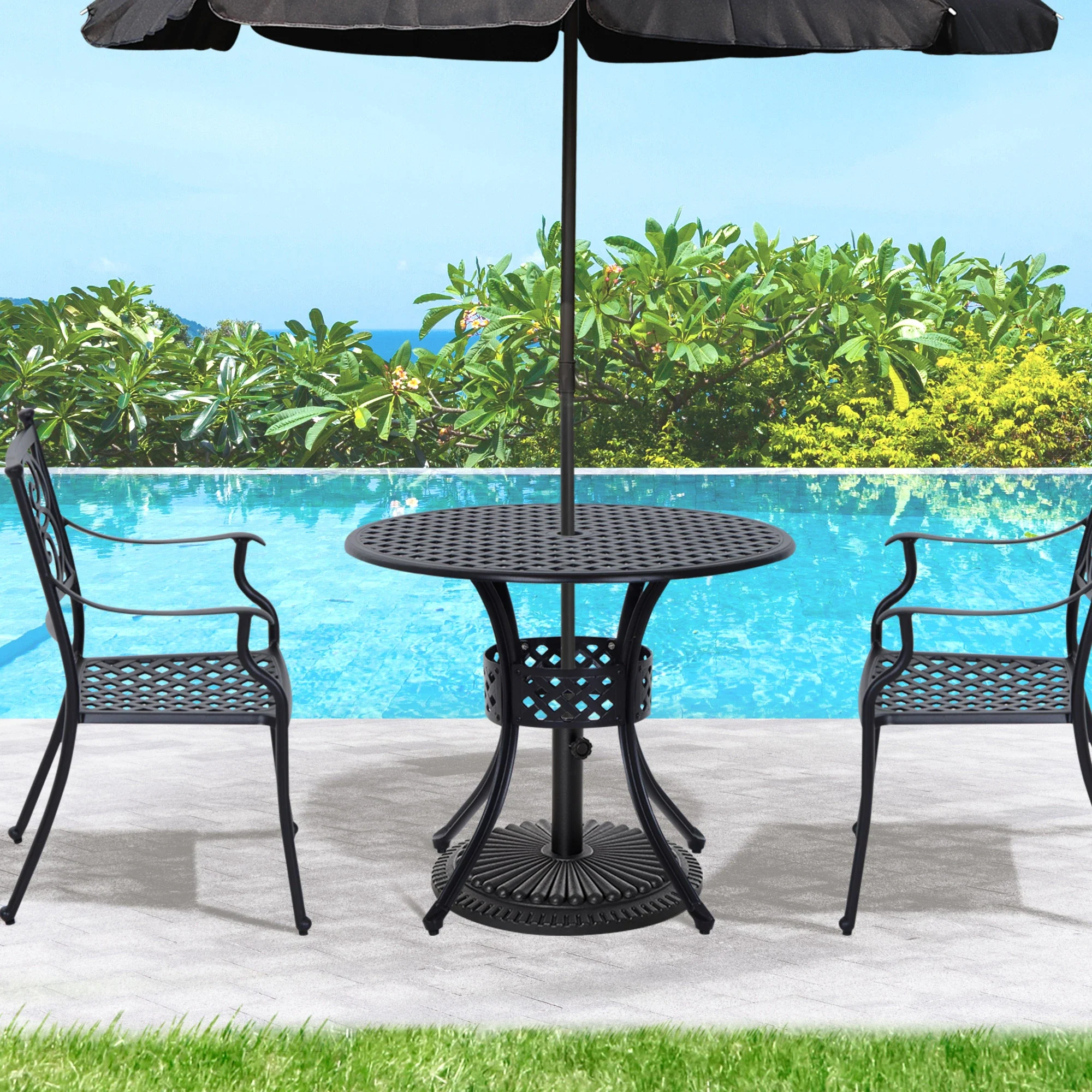 33-Inch Round Patio Dining Table with Umbrella Hole, Cast Aluminum, Black - Image 2
