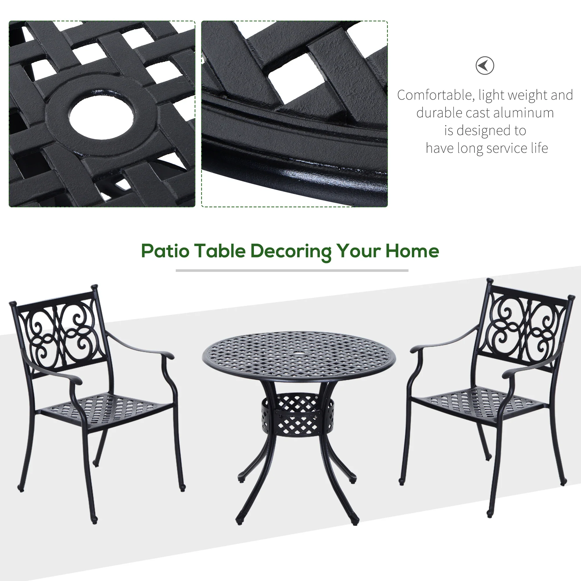 33-Inch Round Patio Dining Table with Umbrella Hole, Cast Aluminum, Black - Image 4
