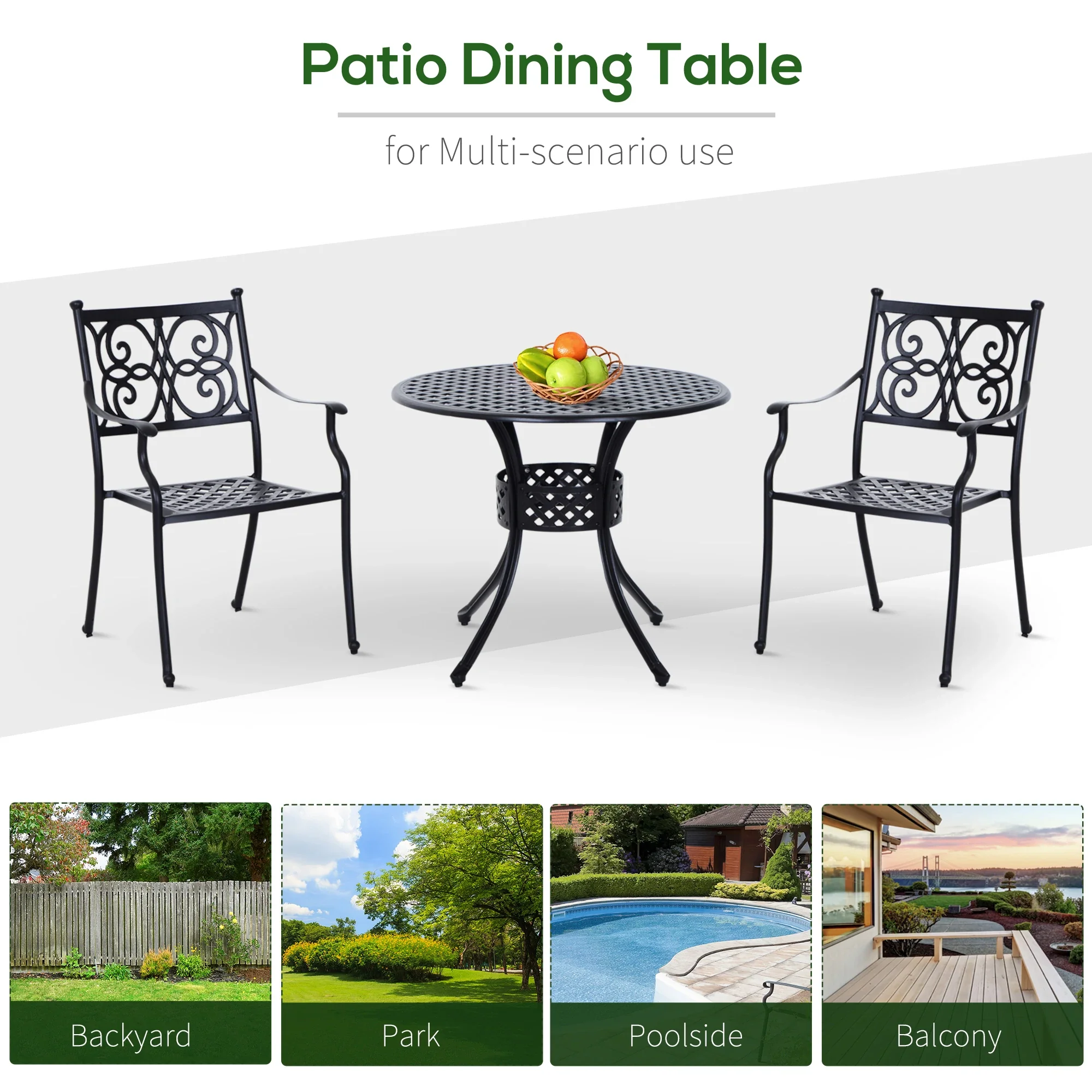 33-Inch Round Patio Dining Table with Umbrella Hole, Cast Aluminum, Black - Image 7