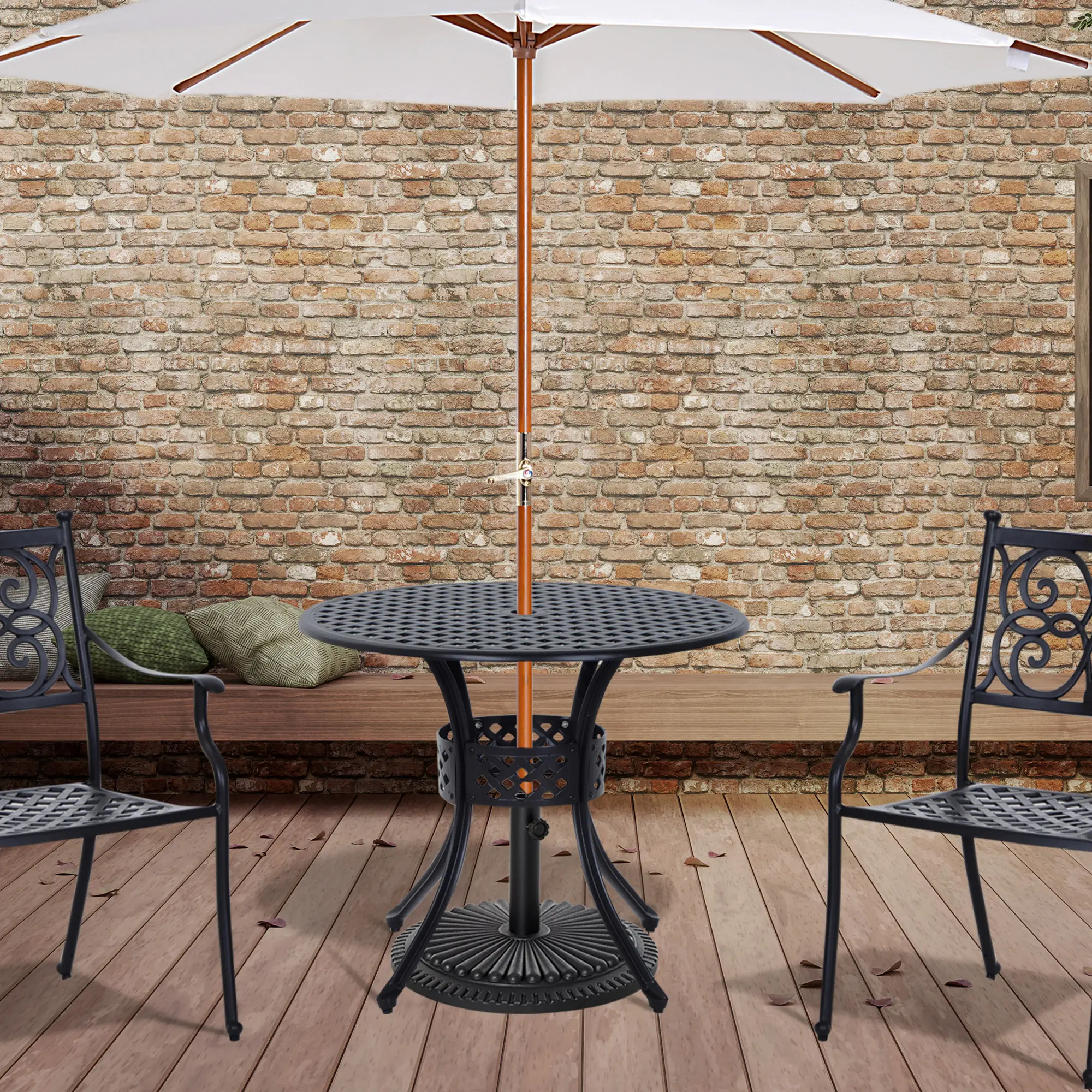 33-Inch Round Patio Dining Table with Umbrella Hole, Cast Aluminum, Black - Image 8