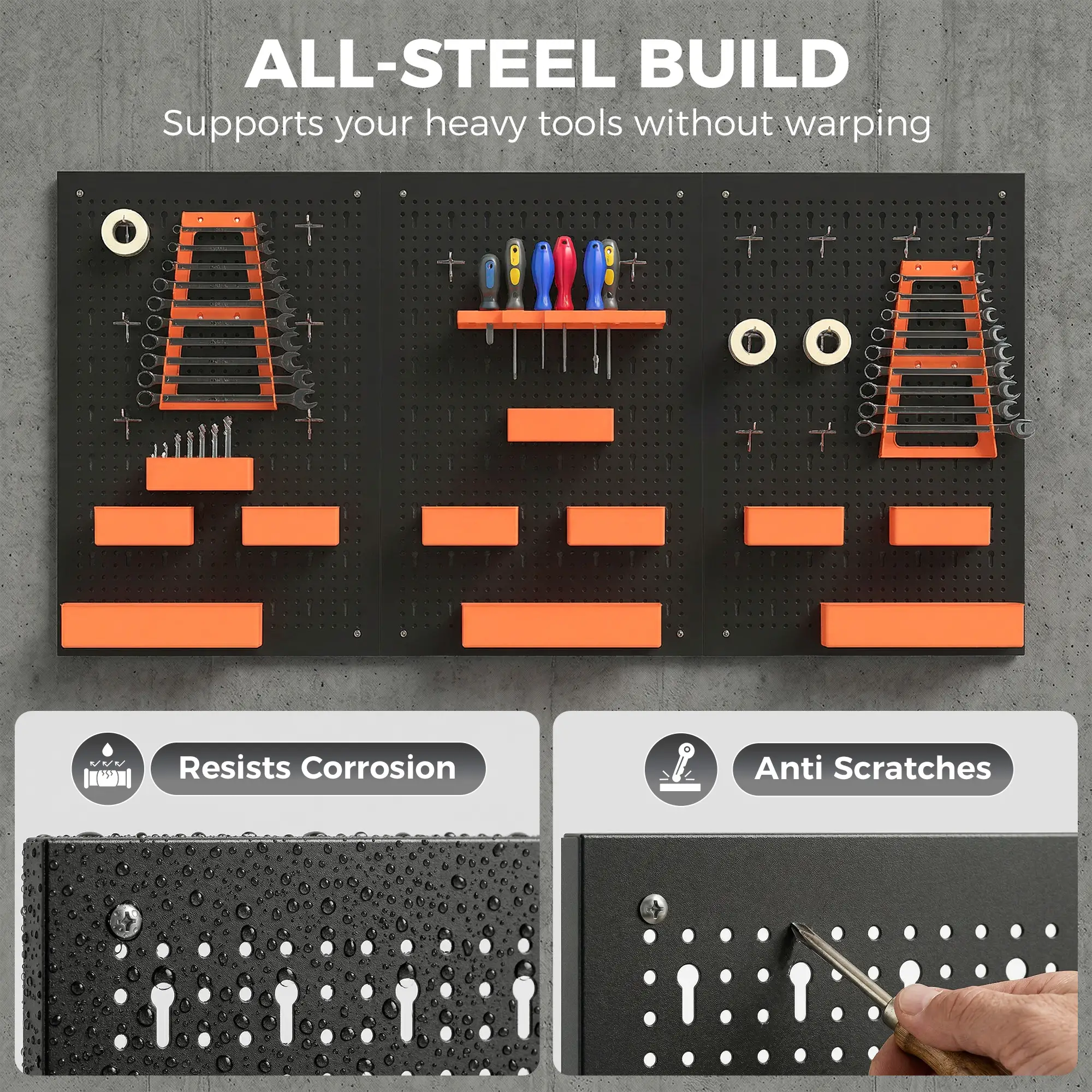 33 Piece Metal Pegboard Panels, Peg Board with 16 Hooks, Bins and Racks, Black and Orange - Image 4