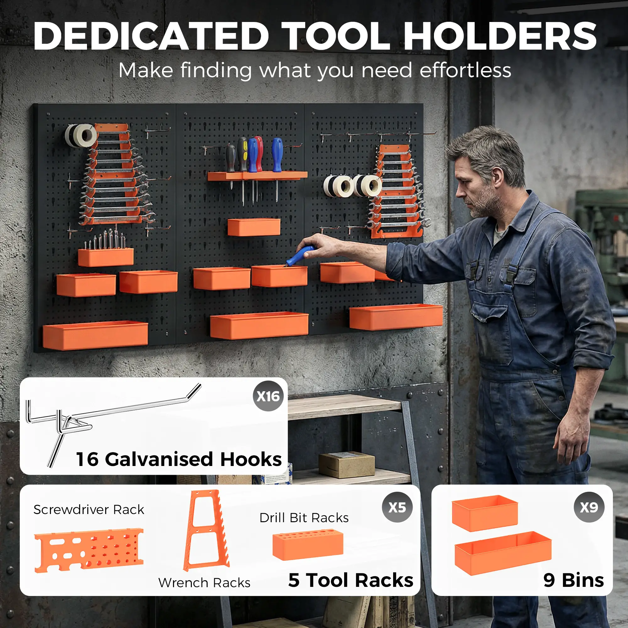 33 Piece Metal Pegboard Panels, Peg Board with 16 Hooks, Bins and Racks, Black and Orange - Image 5