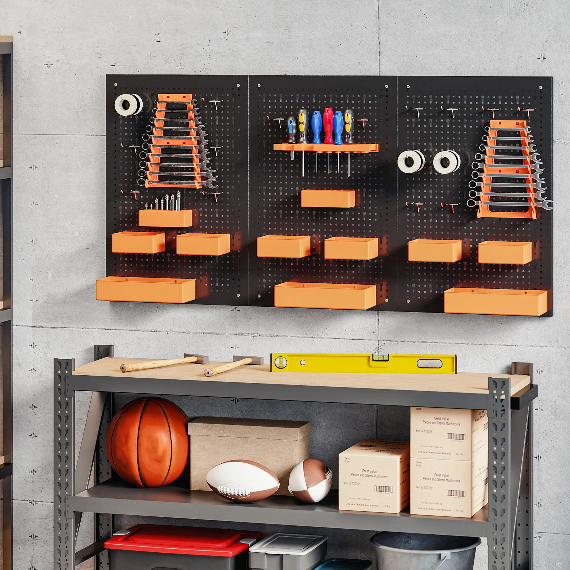 33 Piece Metal Pegboard Panels, Peg Board with 16 Hooks, Bins and Racks, Black and Orange - Image 7