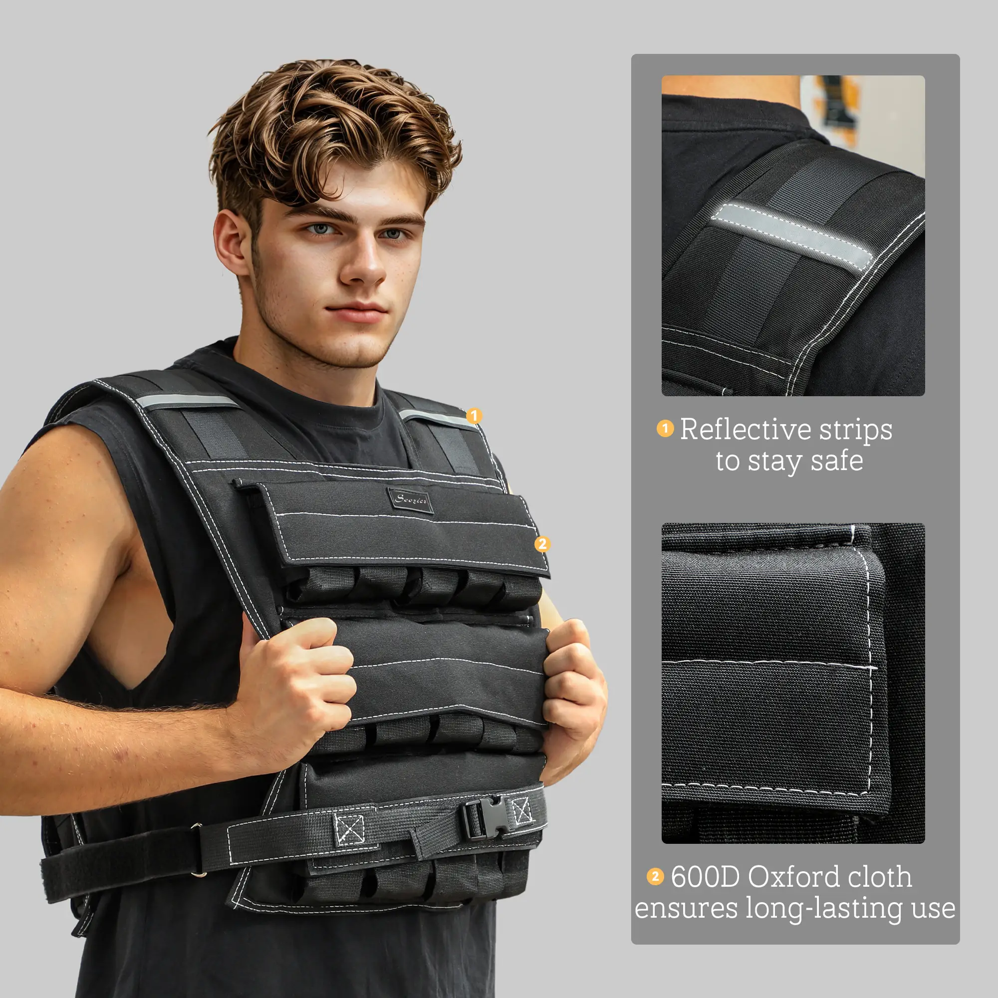 33LBS Adjustable Weighted Vest, Reflective Strips, Snug Fit for Running Training - Image 7