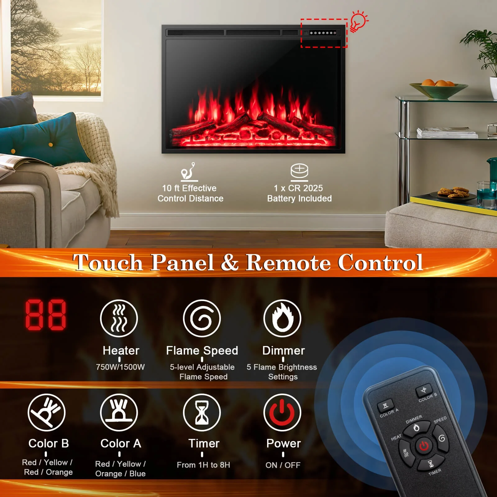 34/37 Inch Electric Fireplace, Adjustable Flames, Black - Image 10