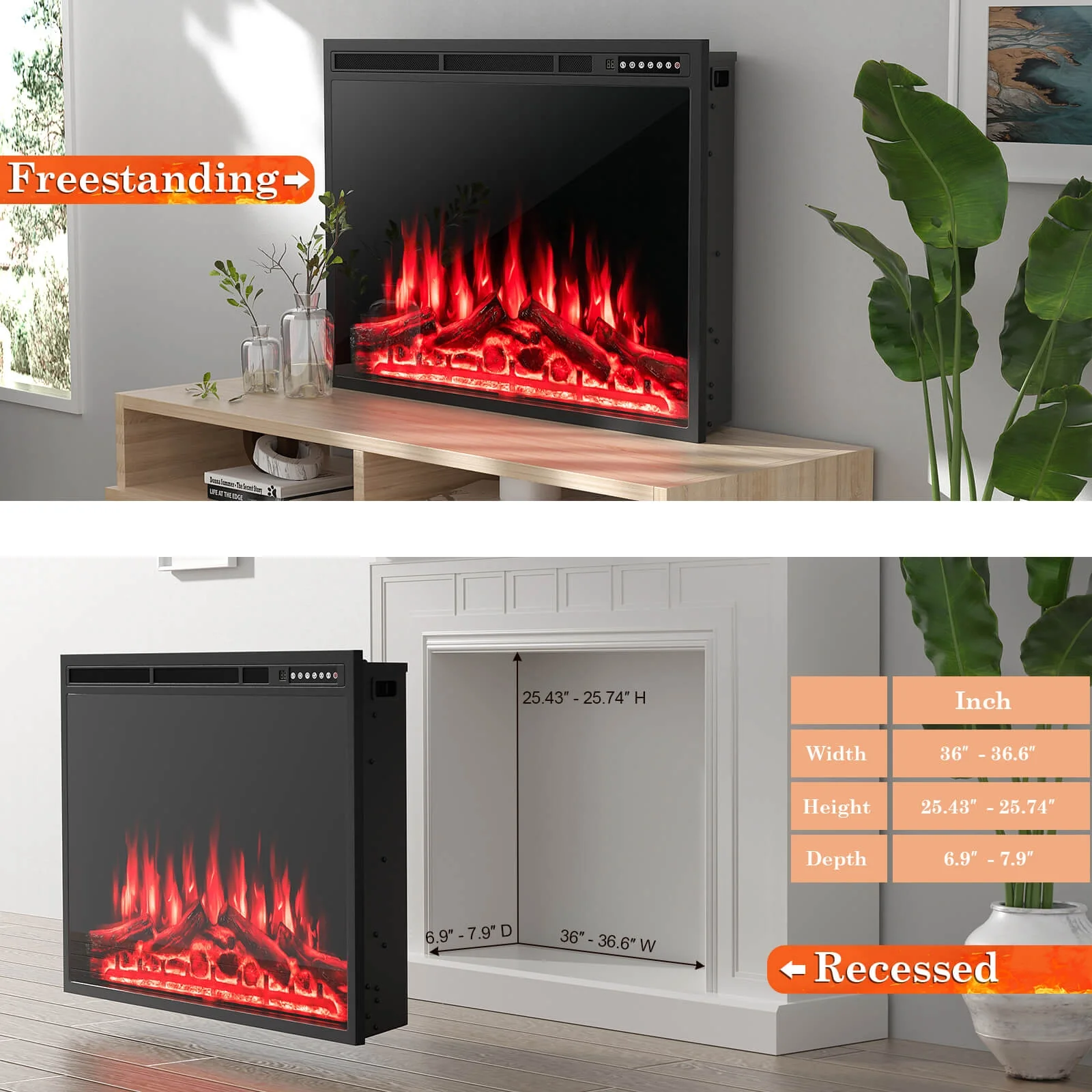 34/37 Inch Electric Fireplace, Adjustable Flames, Black - Image 9