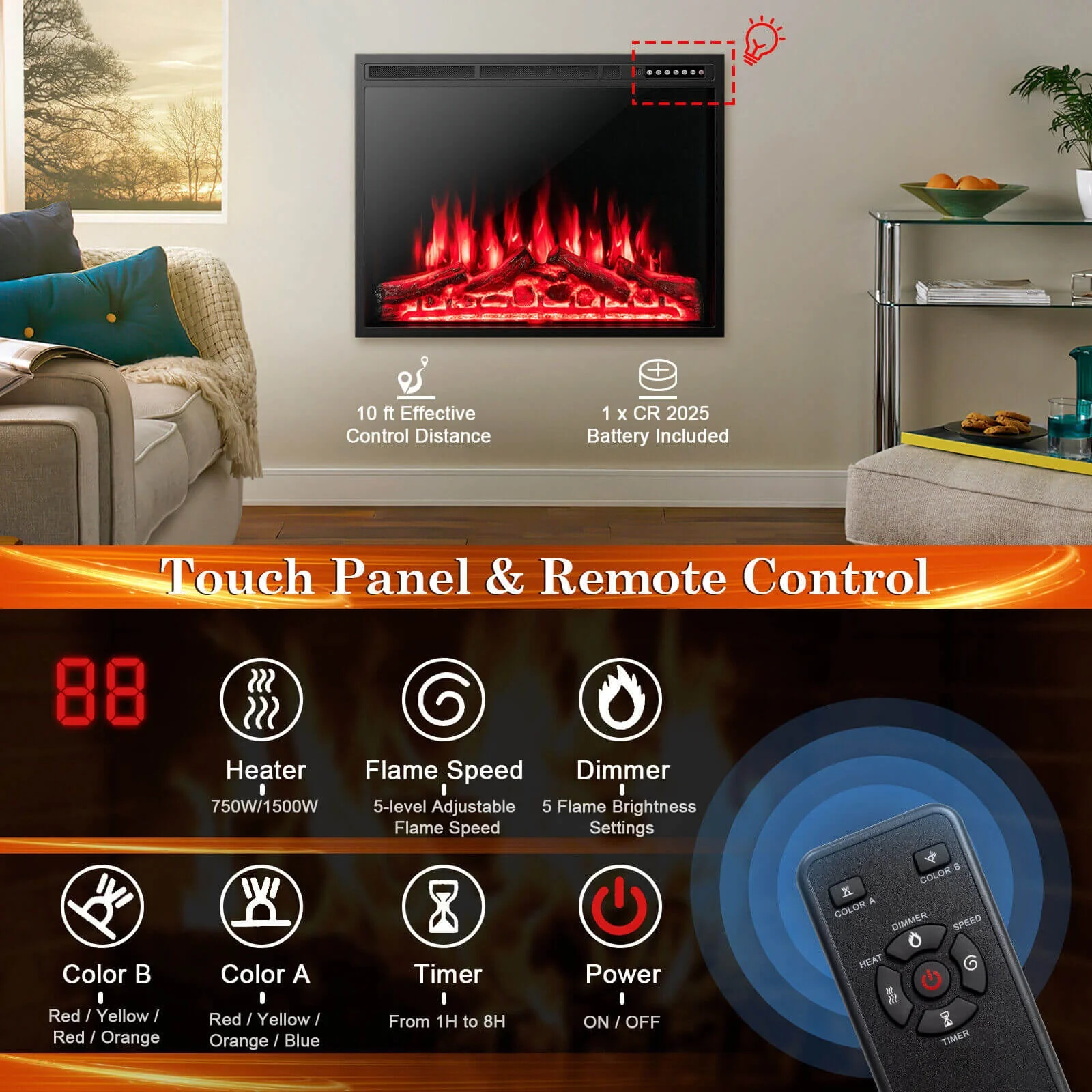 34/37 Inch Electric Fireplace, Recessed, Adjustable Flames, Black - Image 10