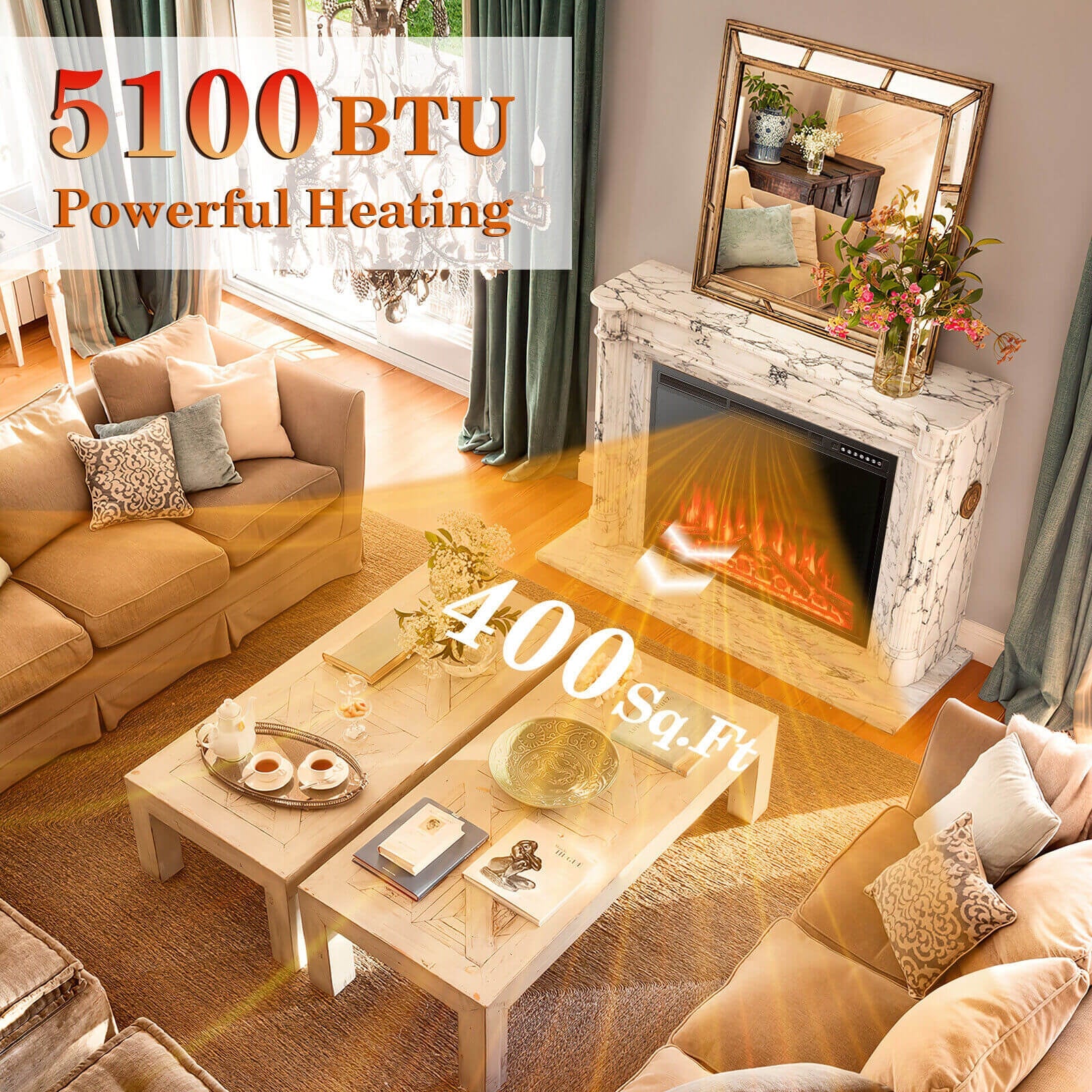 34/37 Inch Electric Fireplace, Recessed, Adjustable Flames, Black - Image 4