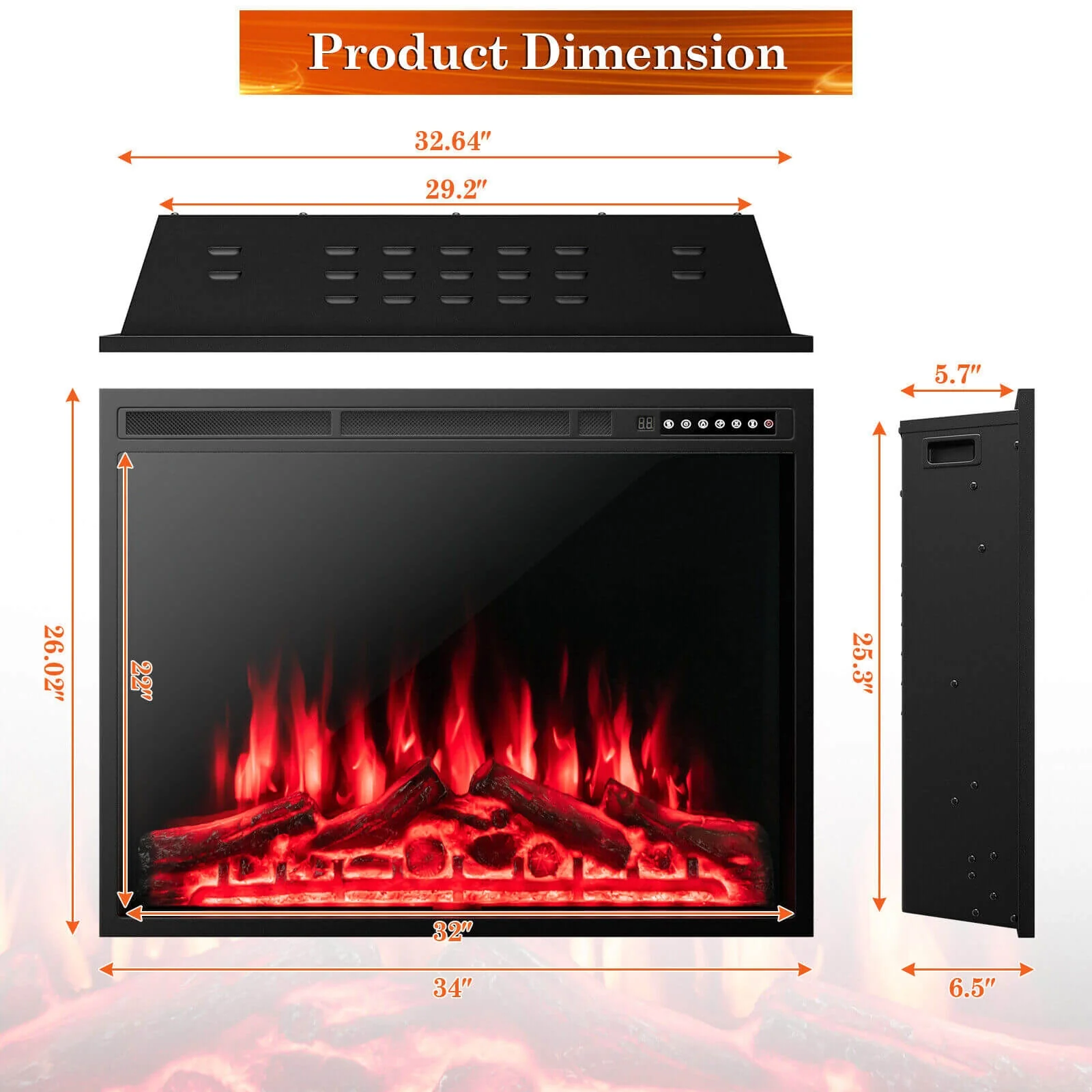 34/37 Inch Electric Fireplace, Recessed, Adjustable Flames, Black - Image 6