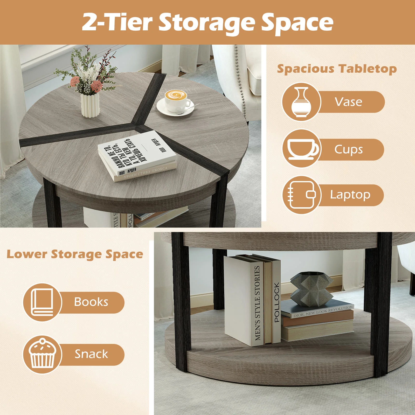 34.5" Rubber Wood Round Center Table, 2-Tier Storage Shelf, Gray - Image 10