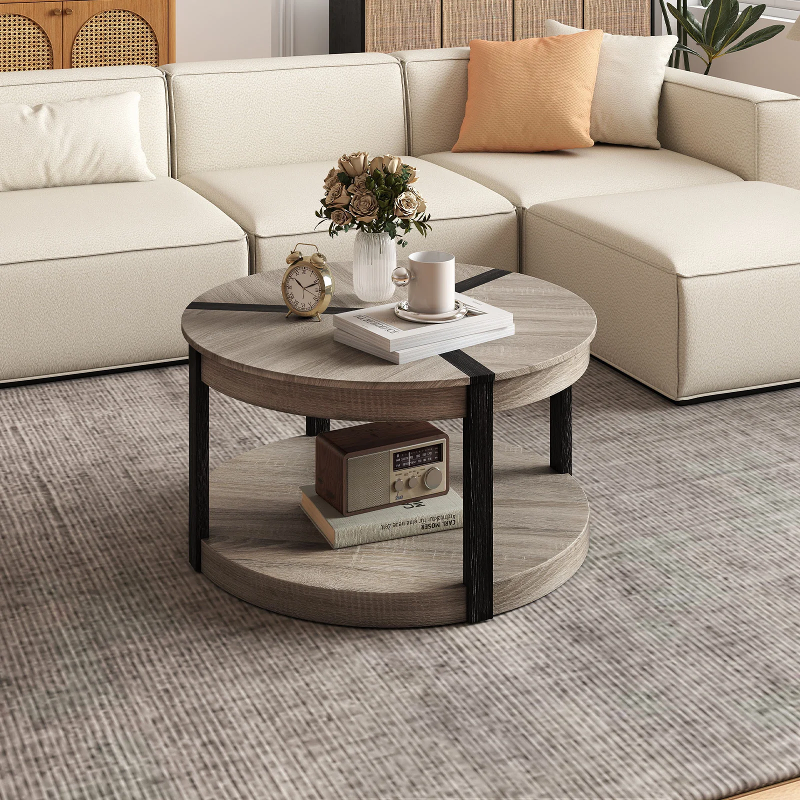 34.5" Rubber Wood Round Center Table, 2-Tier Storage Shelf, Gray - Image 3