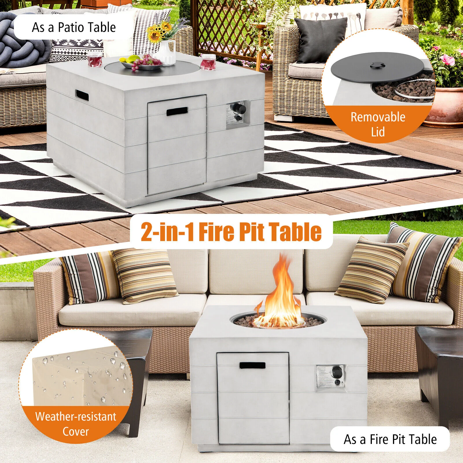 34 Inch Square Concrete Fire Pit Table, 50,000 BTU, Gray - Image 3