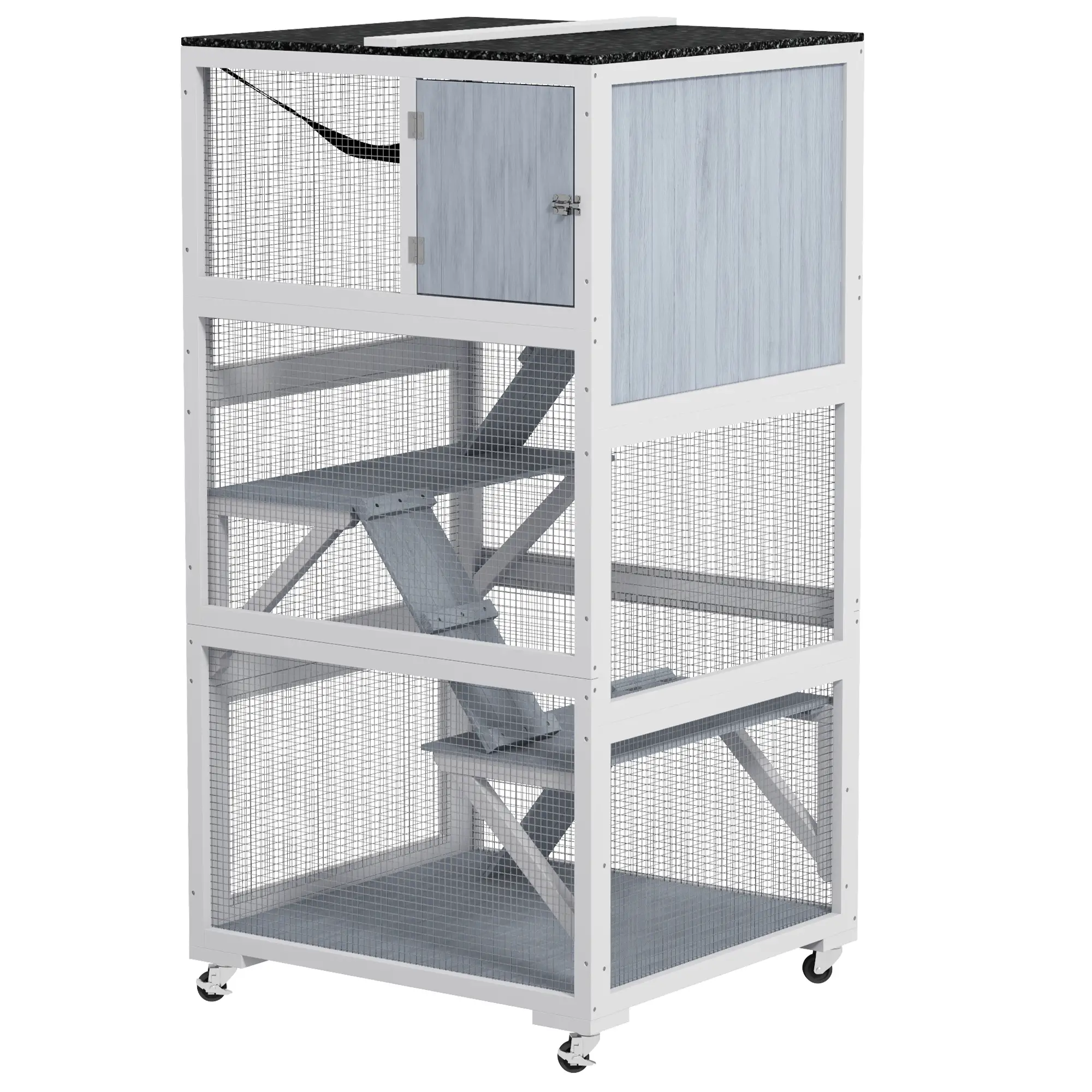 34" L Cat Enclosure on Wheels, Hammock, Platforms, Grey