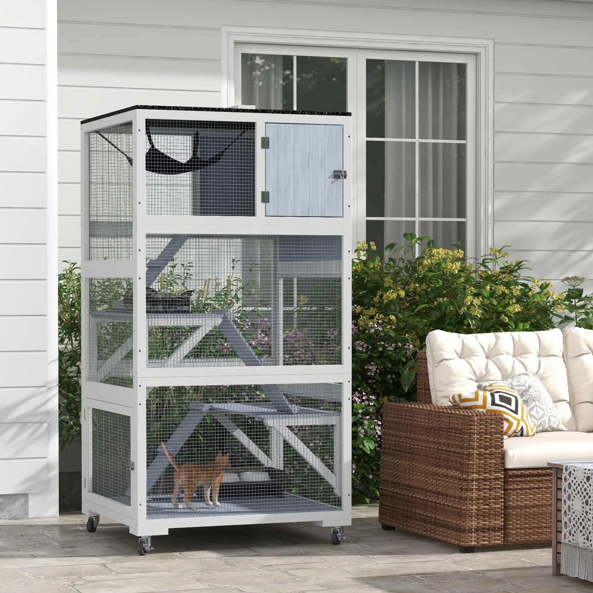 34" L Cat Enclosure on Wheels, Hammock, Platforms, Grey - Image 10