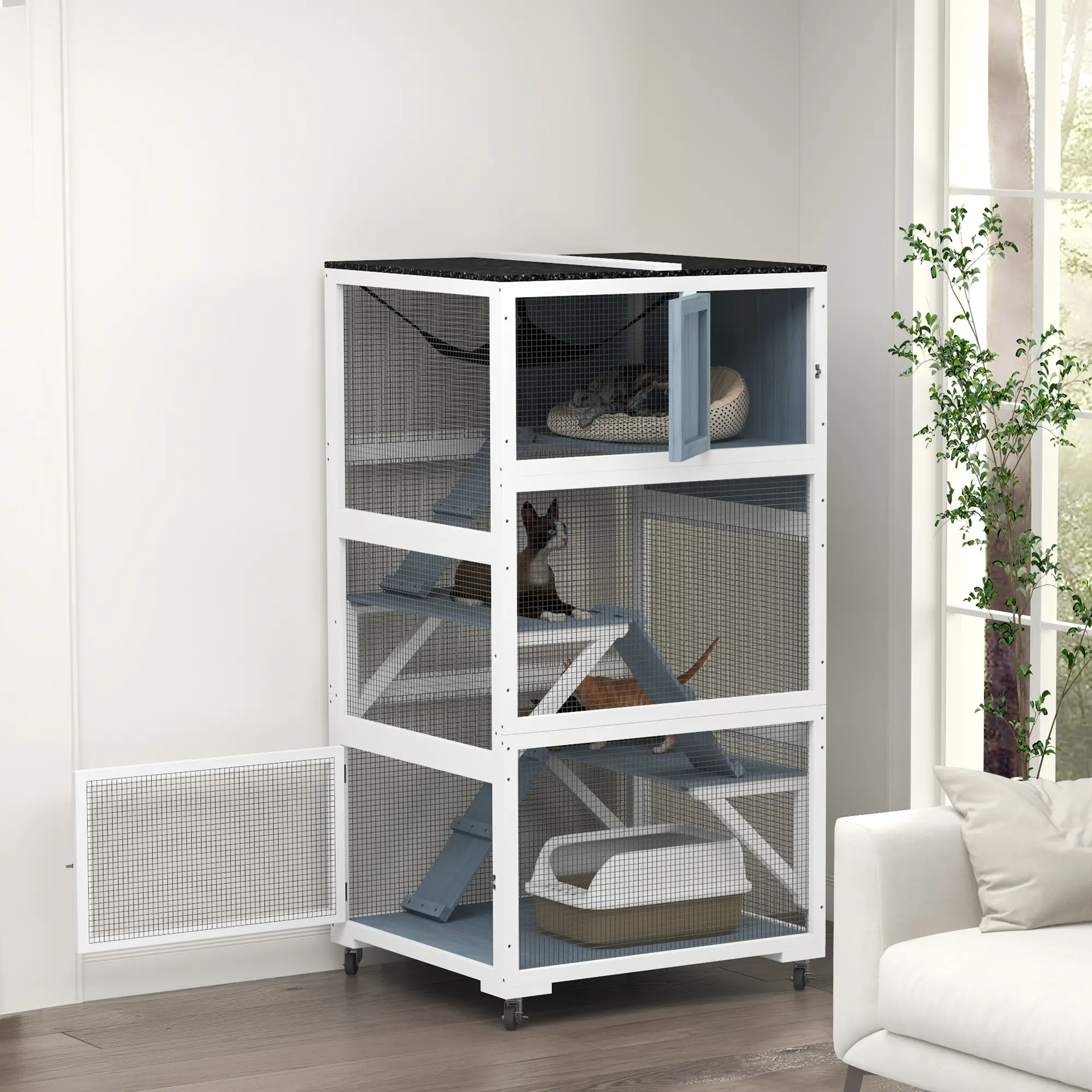 34" L Cat Enclosure on Wheels, Hammock, Platforms, Grey - Image 2