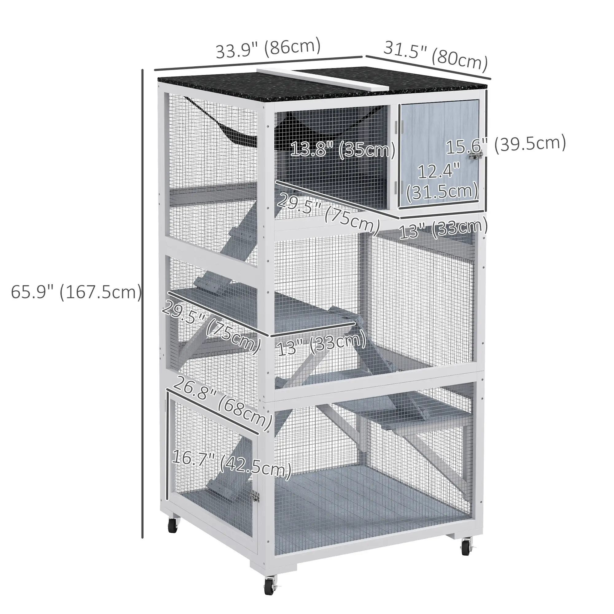 34" L Cat Enclosure on Wheels, Hammock, Platforms, Grey - Image 3