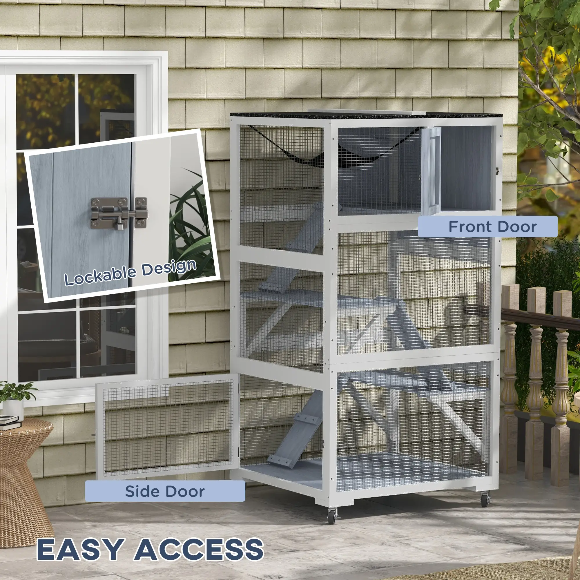 34" L Cat Enclosure on Wheels, Hammock, Platforms, Grey - Image 6