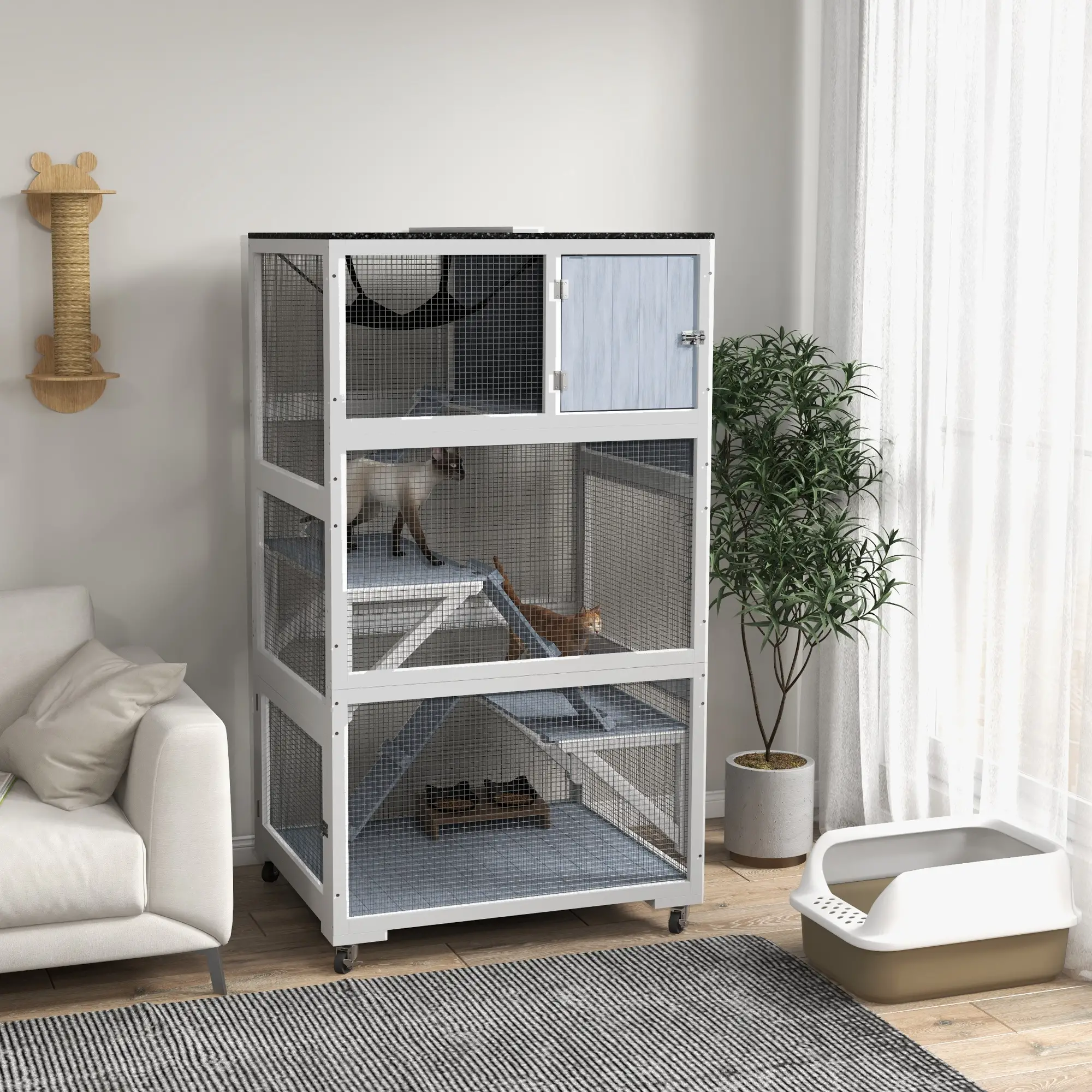 34" L Cat Enclosure on Wheels, Hammock, Platforms, Grey - Image 8