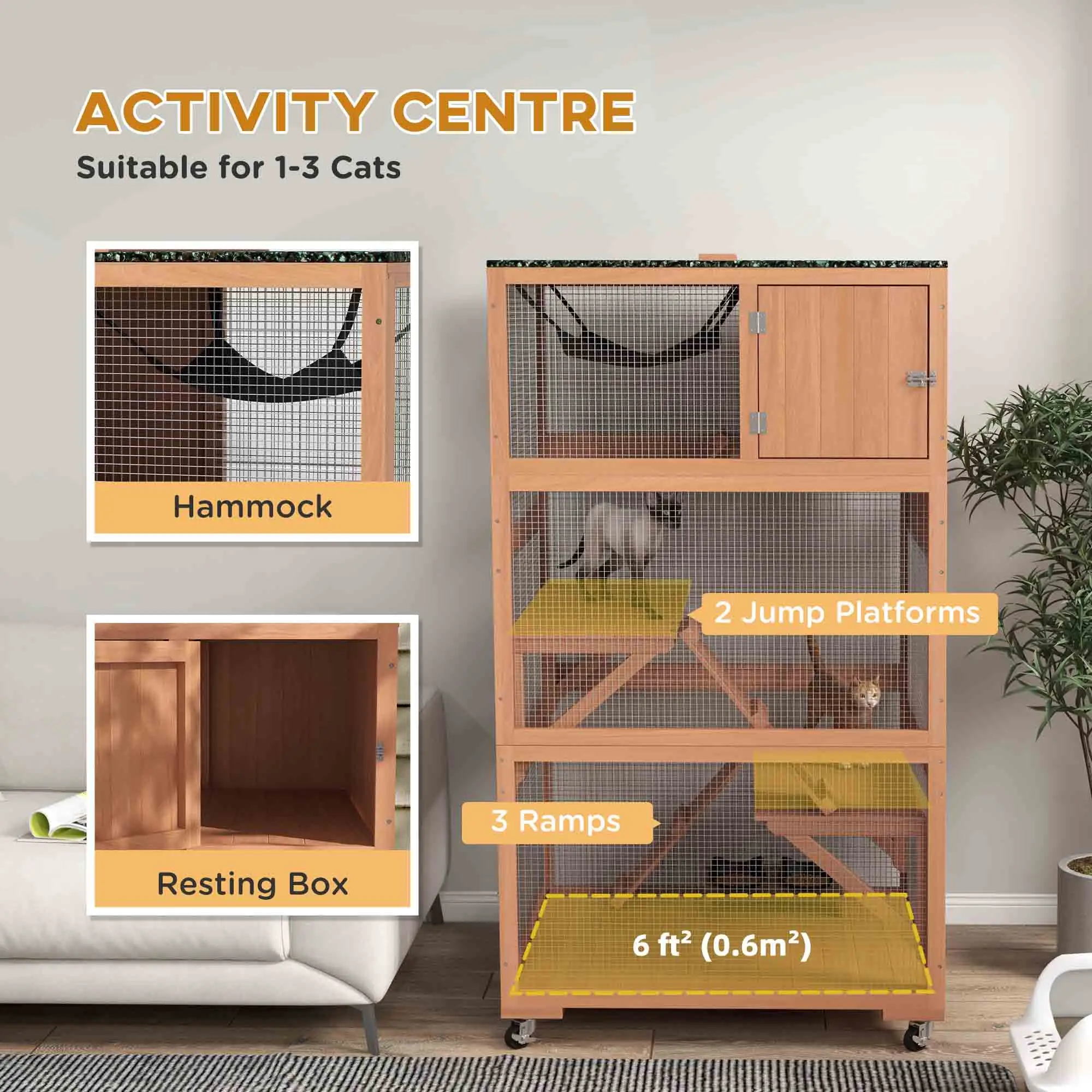 34" L Catio Outdoor Cat Enclosure, Wheels, Hammock, Platforms, Orange - Image 4