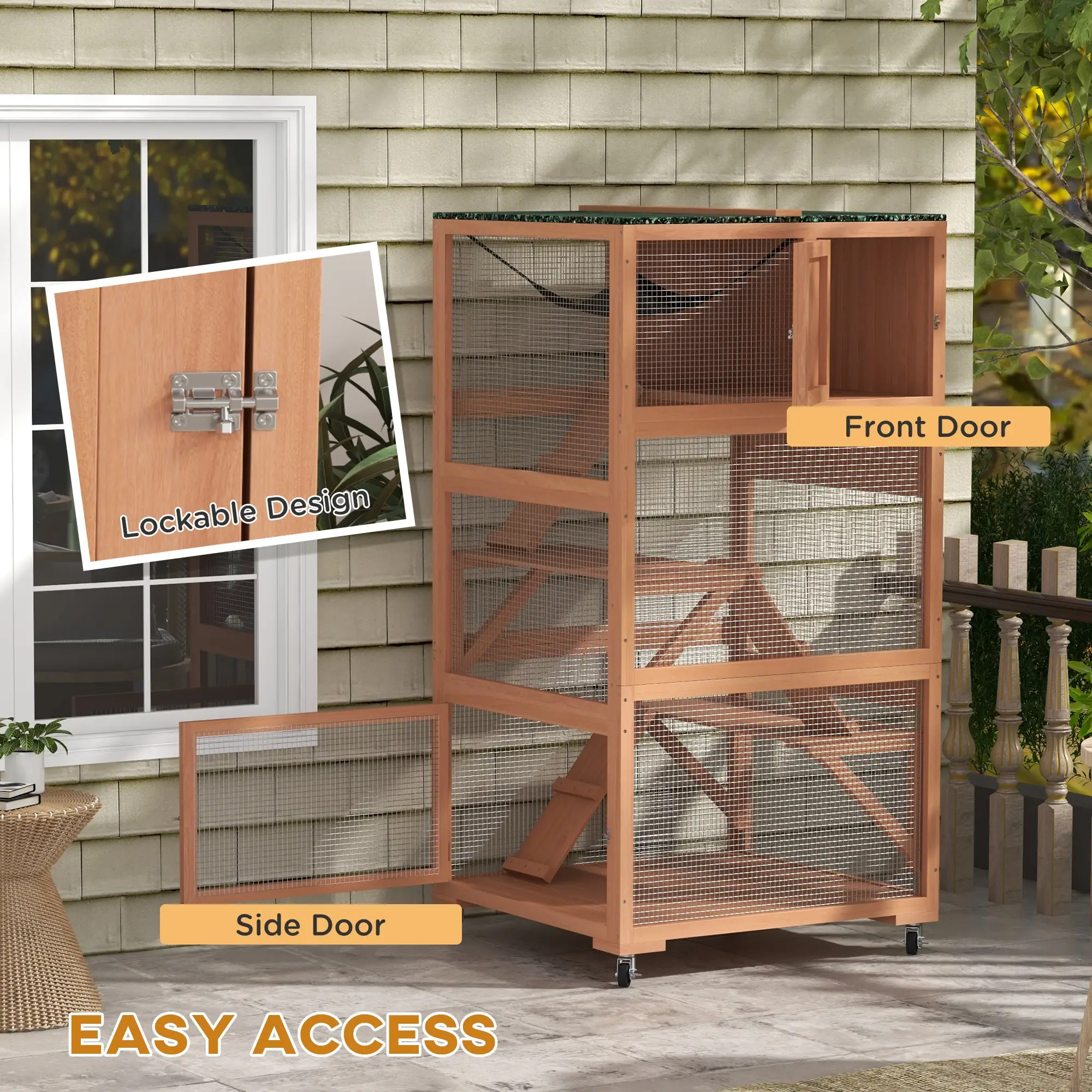 34" L Catio Outdoor Cat Enclosure, Wheels, Hammock, Platforms, Orange - Image 6